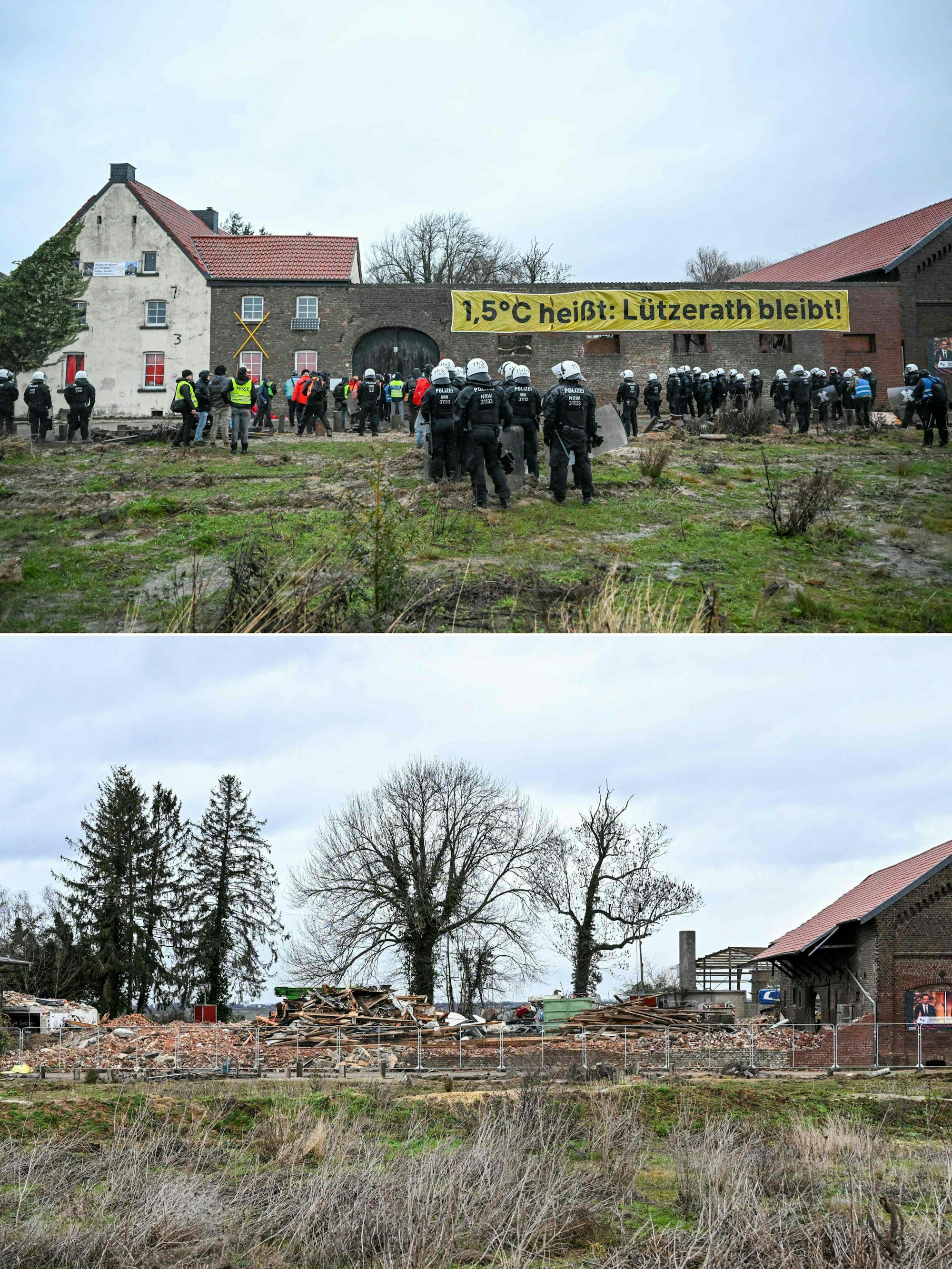 Der Hof von Eckhard Heukamp in Lützerath vor und nach der Räumung