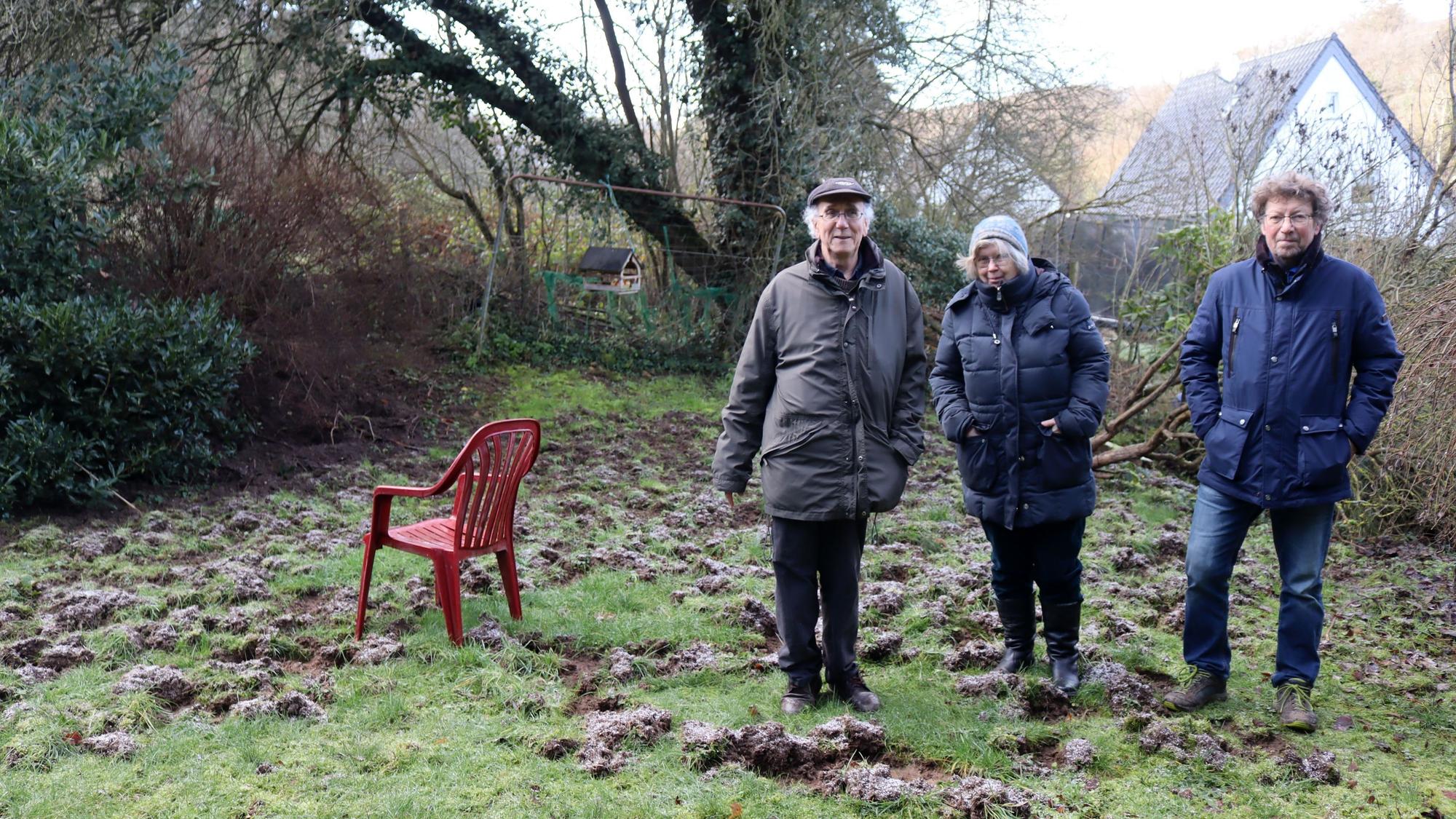 Siegfried Bauer (v.l.), Viola Pöschke-Bauer und Dieter Temming stehen im von Wildschweinen verwüsteten Garten der Bauers am Finkenweg in Bad Münstereifel.