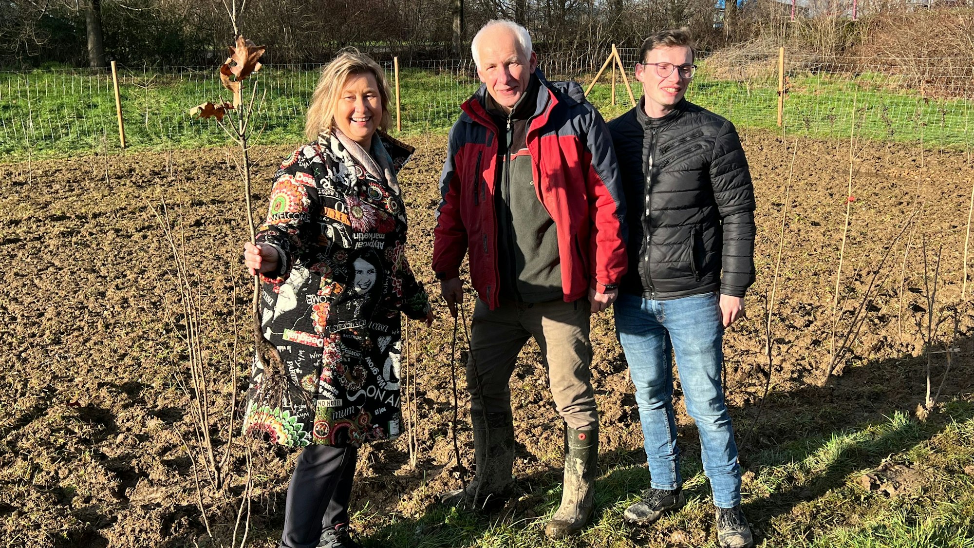 Zwei Männer und eine Frau bei der Pflanzung eines kleinen Waldes.