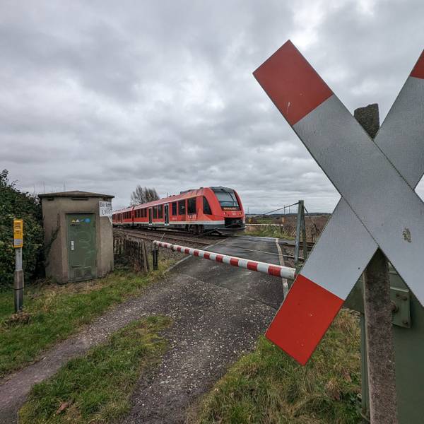 EIn Zug fährt an einem beschrankten Bahnübergang mit Andreaskreuz über das Gleis.