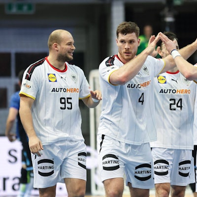 Die deutschen Nationalspieler Paul Drux , Johannes Golla, Patrick Groetzki , Phillip Weber, und Juri Knorr