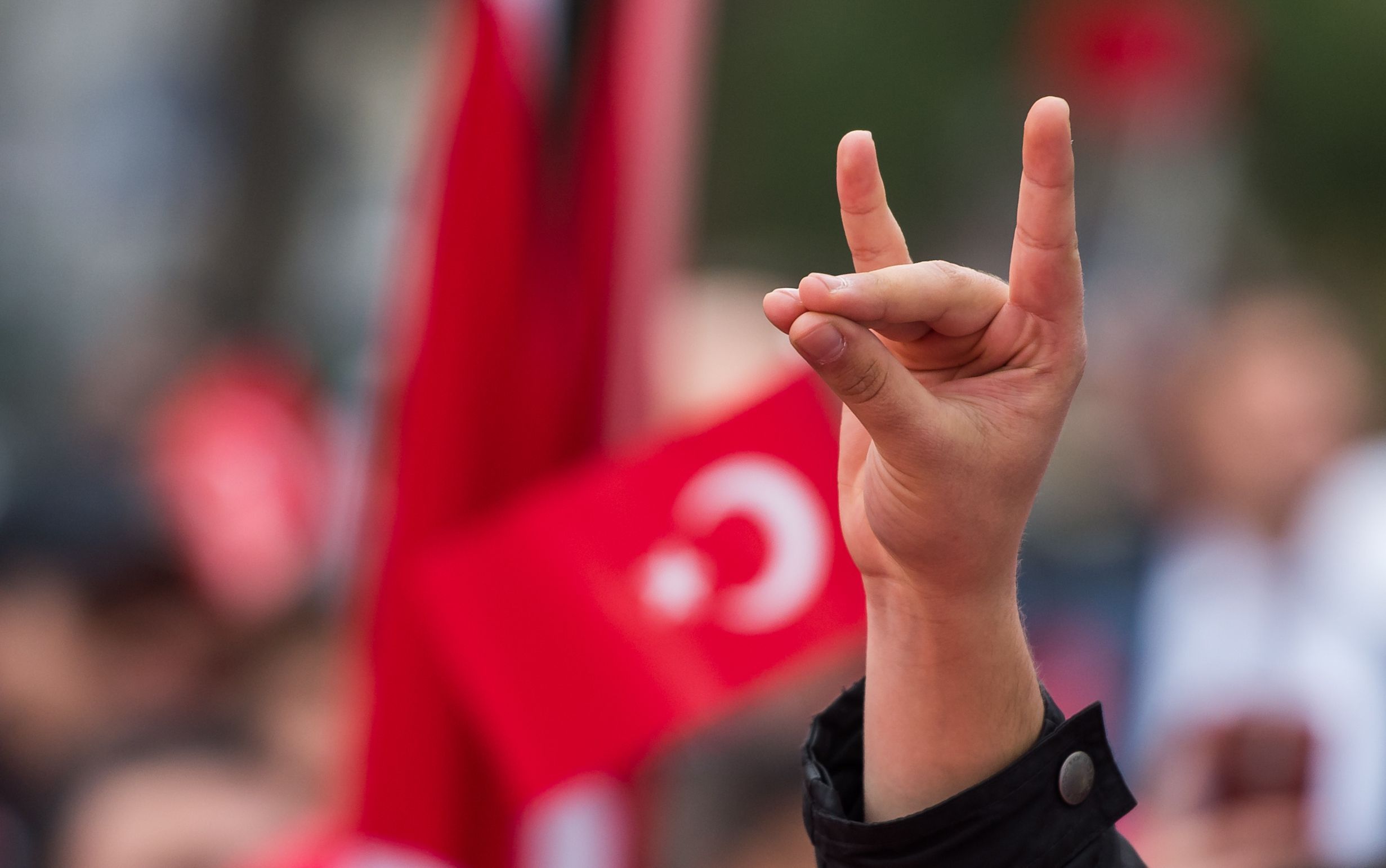 Eine Hand zeigt den "Wolfsgruß" der Grauen Wölfe während einer Pro-Türkischen Demonstration. Graue Wölfe ist die Bezeichnung für die ultranationalistische Bewegung aus der Türkei. (zu dpa "Studie warnt vor Einfluss der Grauen Wölfe in Deutschland") +++ dpa-Bildfunk +++