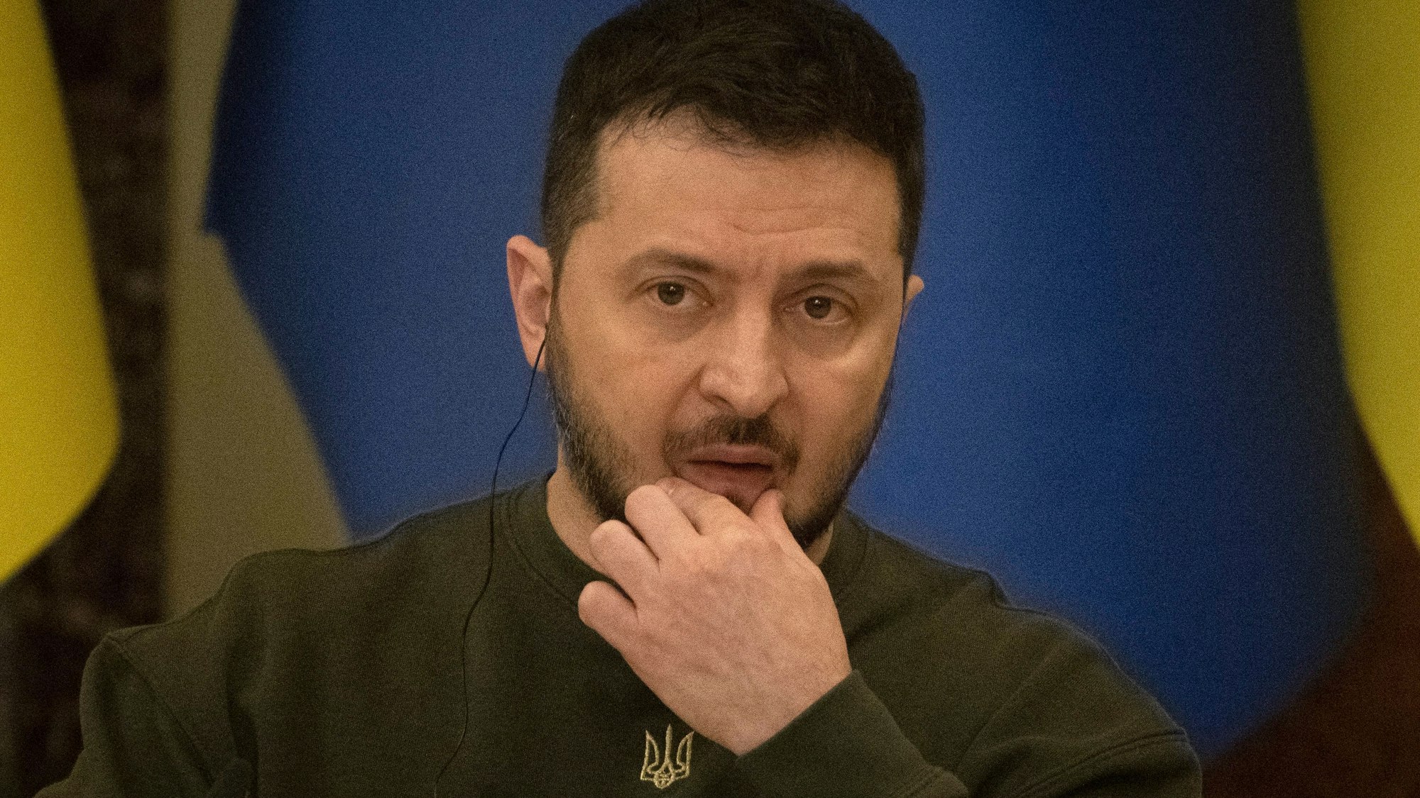 19.01.2023, Ukraine, Kiew: Wolodymyr Selenskyj, Präsident der Ukraine, nimmt an einer Pressekonferenz mit dem Präsidenten des Europäischen Rates Michel, nach ihrem Treffen, teil. Foto: Efrem Lukatsky/AP/dpa +++ dpa-Bildfunk +++