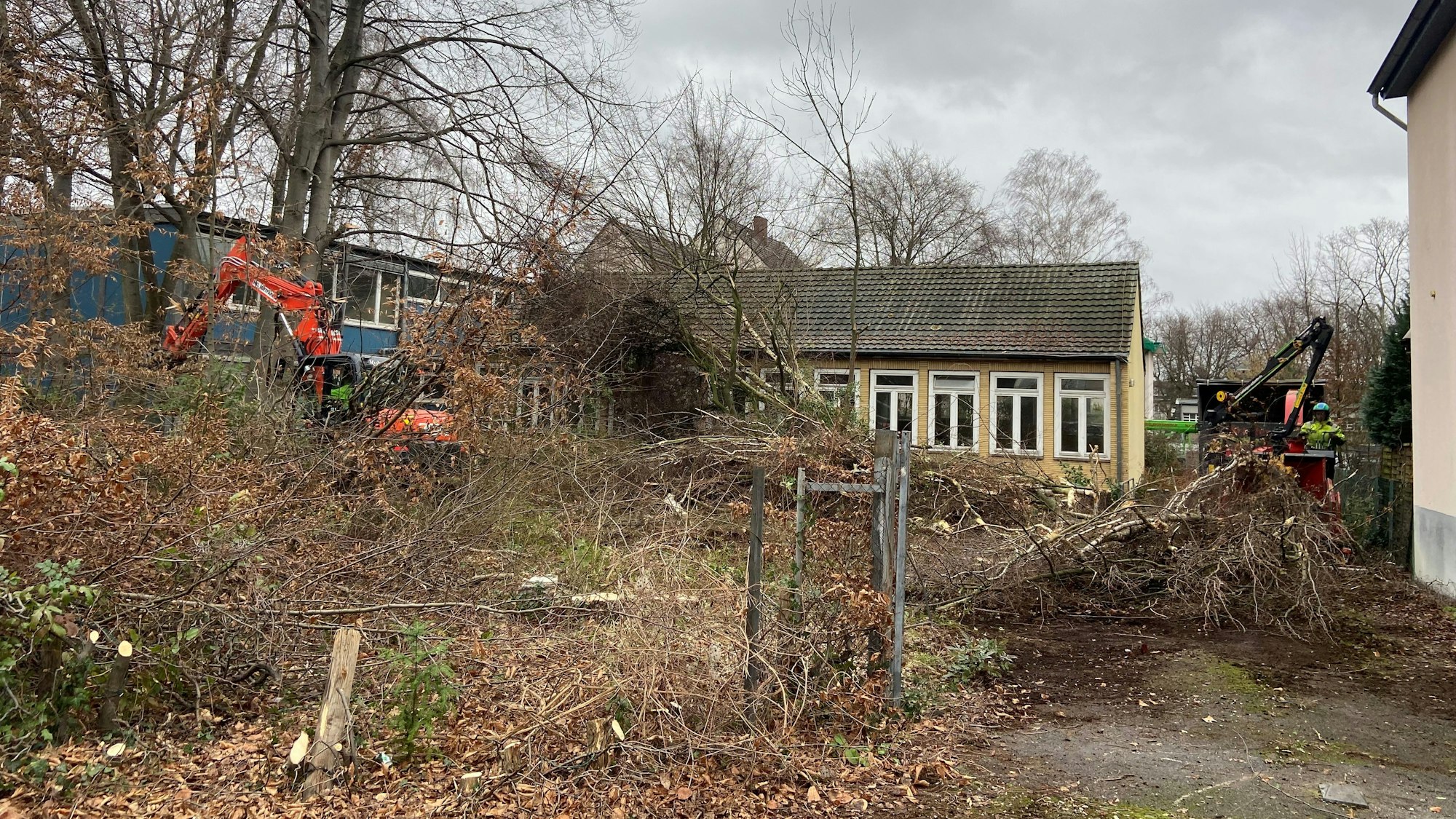 Das Grundstück der Grundschule an der Kupfergasse mit einem Bagger und den gefällten Bäumen.