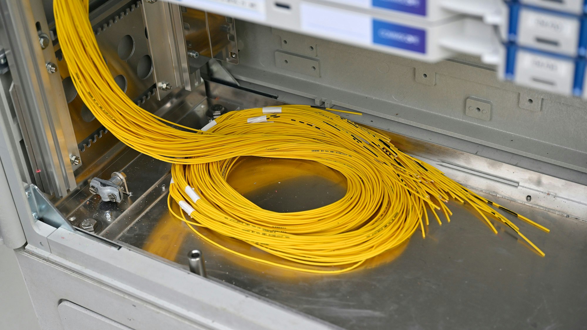 Glasfaserkabel liegen in einem Stromkasten.