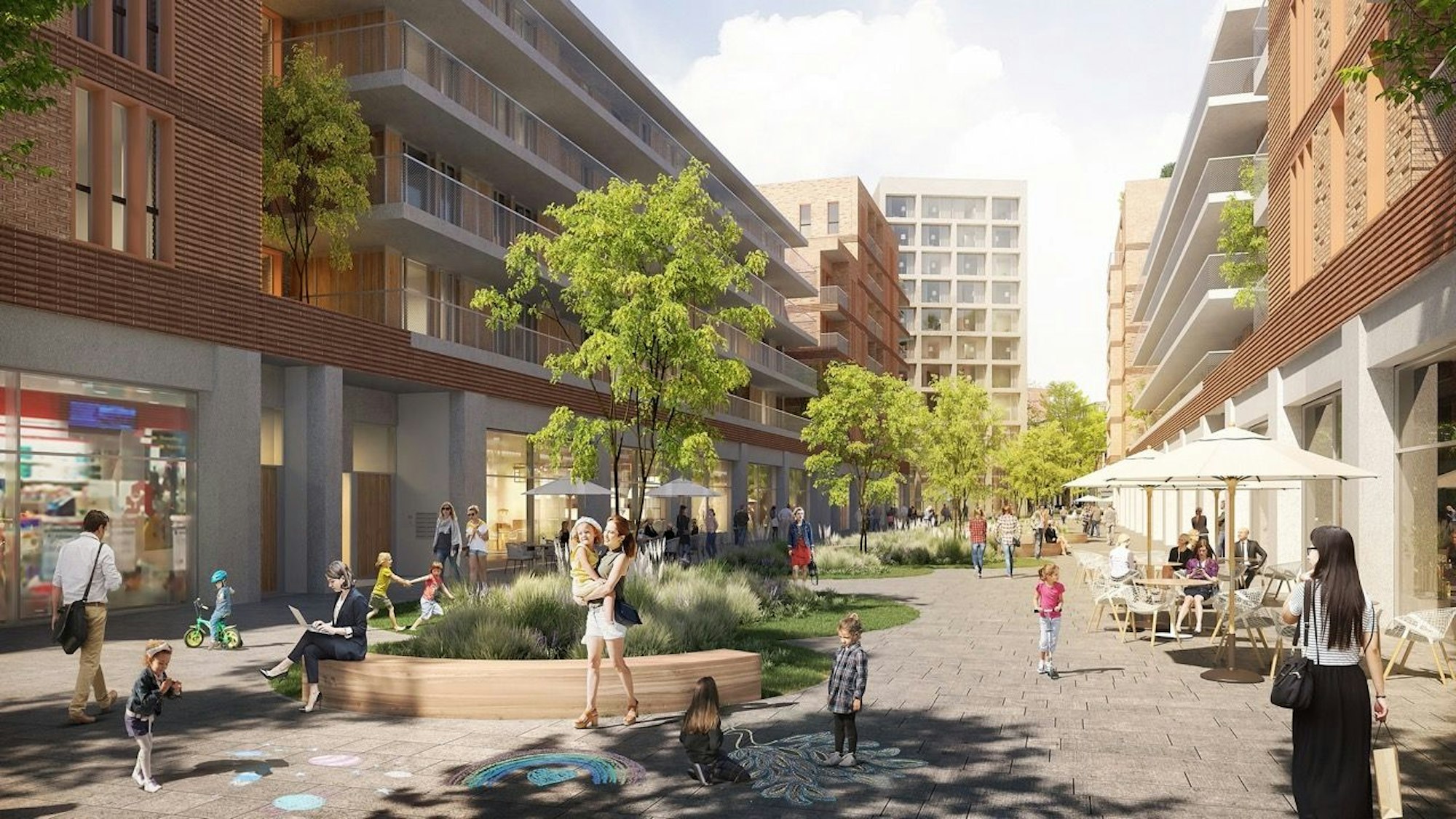 Visualisierung des Bauprojekts, dass die Gentes-Gruppe an der Schanzenstrasse 1 in Mülheim errichten will. Hier die geplante Diagonale.