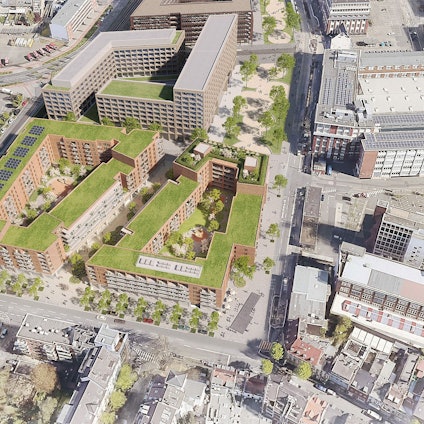 Die Visualisierung zeigt den Standort des NSU-Mahnmals (Mitte) auf einem Platz an der Ecke der geplanten Bebauung an der Keupstraße/Schanzenstraße.