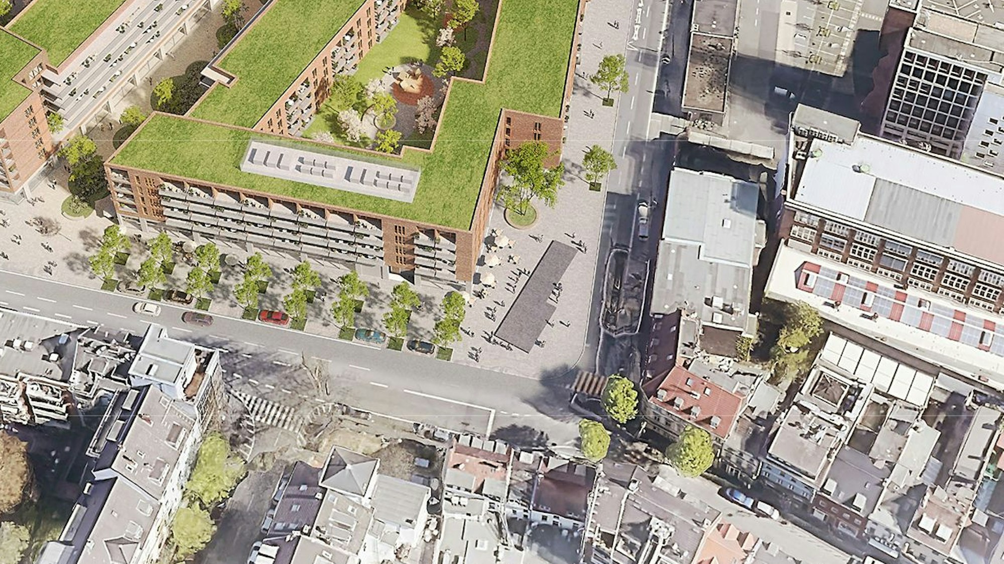 Die Visualisierung zeigt den Standort des NSU-Mahnmals (Mitte) auf einem Platz an der Ecke der geplanten Bebauung an der Keupstraße/Schanzenstraße.