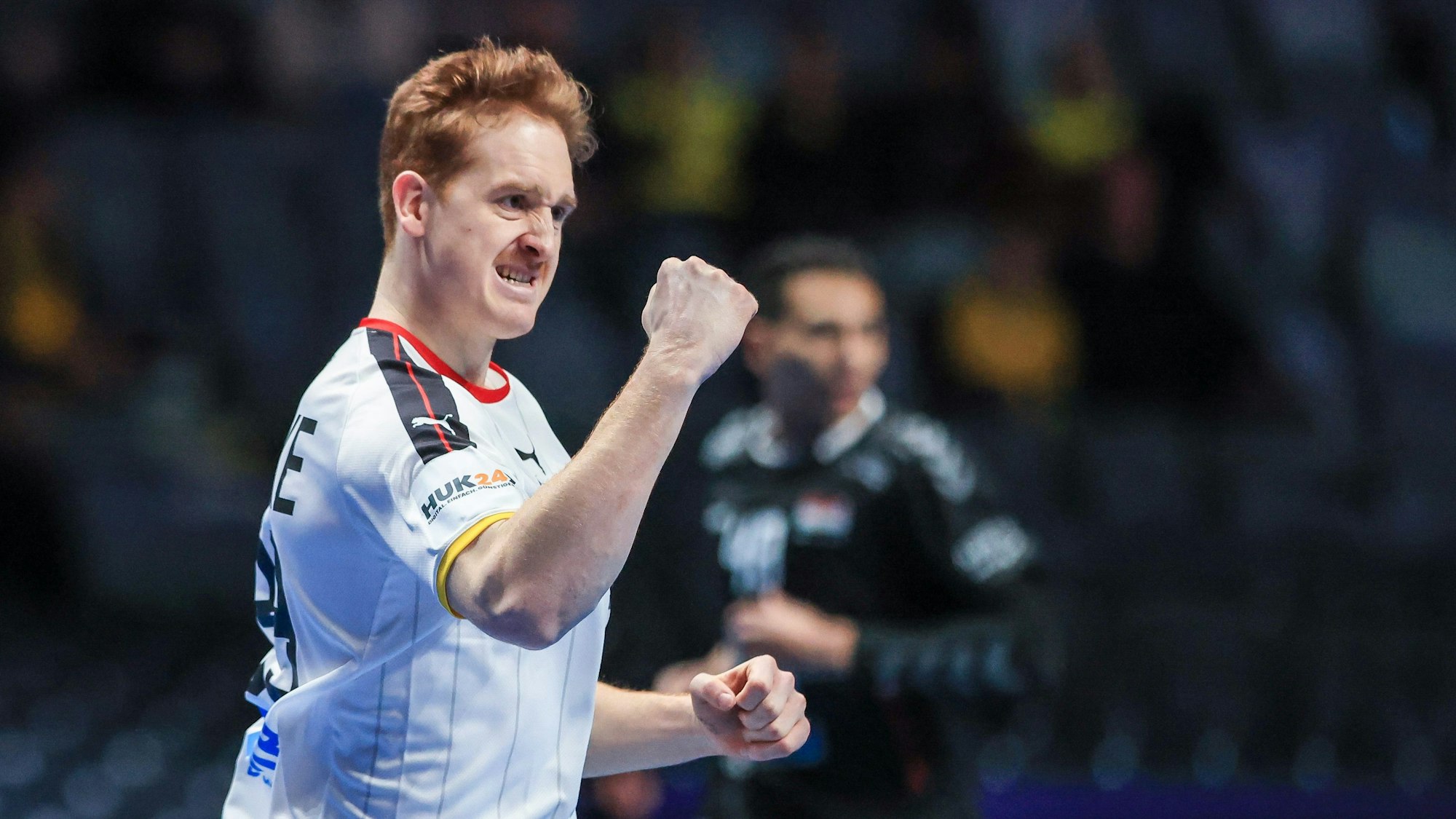 Deutschlands Spieler Lukas Stutzke jubelt nach einem Treffer bei der Handball- WM gegen Ägypten.