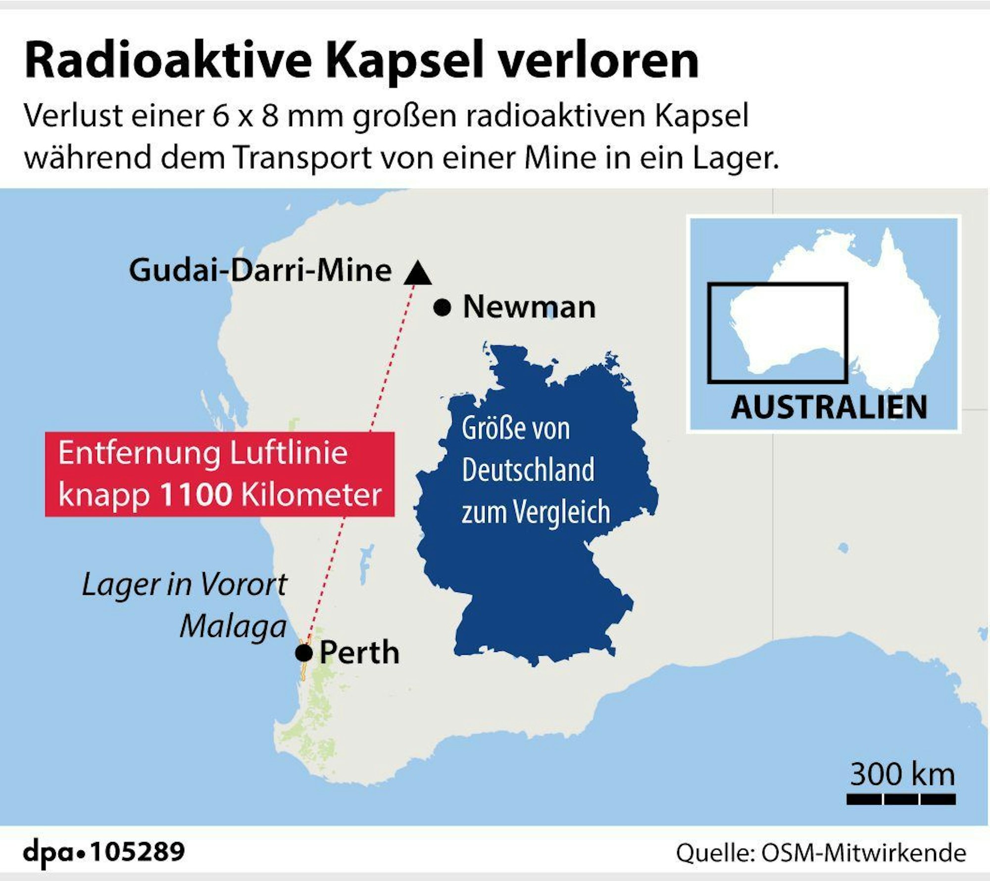 Die Karte zeigt die rund 1100 Kilometer lange Strecke, auf der die winzige radioaktive Kapsel verloren gegangen sein soll.