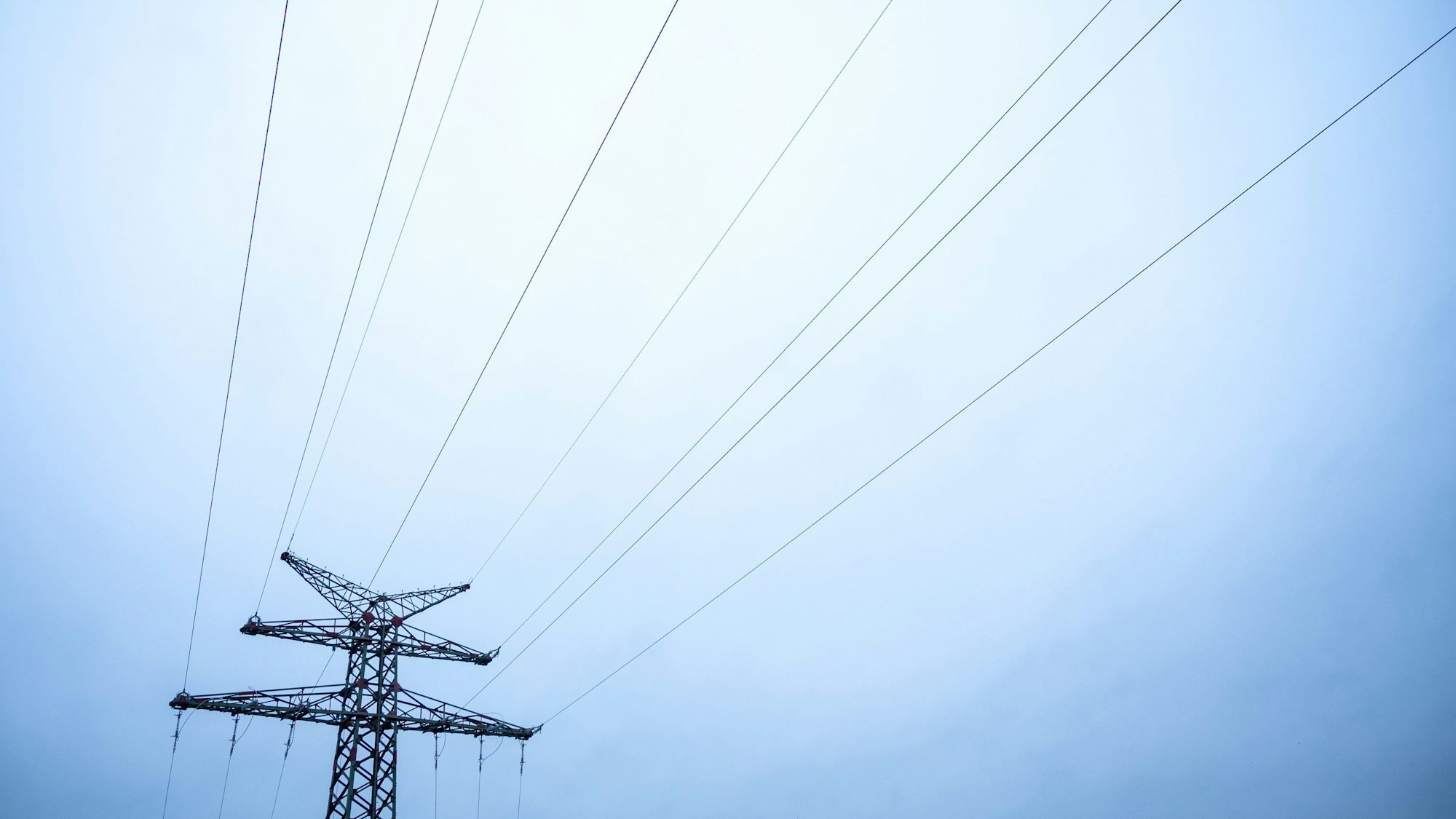 Es sind Hochspannungsleitungen vor grauem Himmel zu sehen.