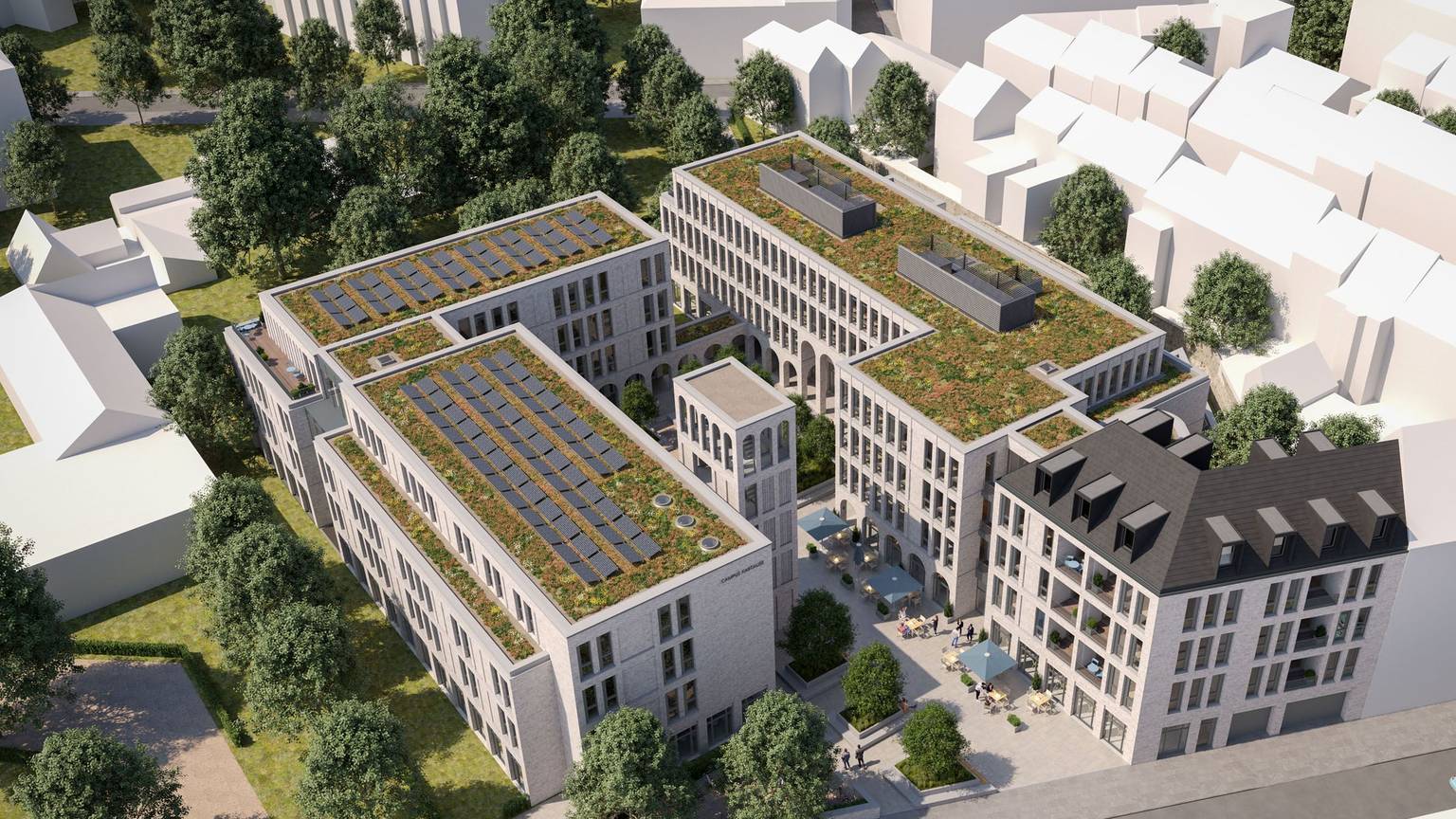 Die Visualisierung zeigt eine vier- bis fünfgeschossige Bebauung mit drei Riegeln um einen Innenhof.