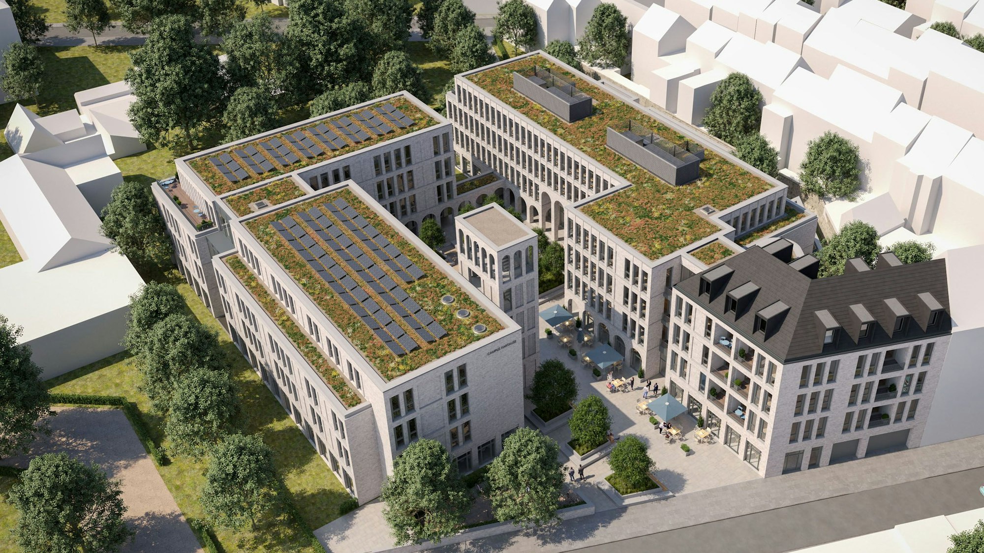 Die Visualisierung zeigt eine vier- bis fünfgeschossige Bebauung mit drei Riegeln um einen Innenhof.