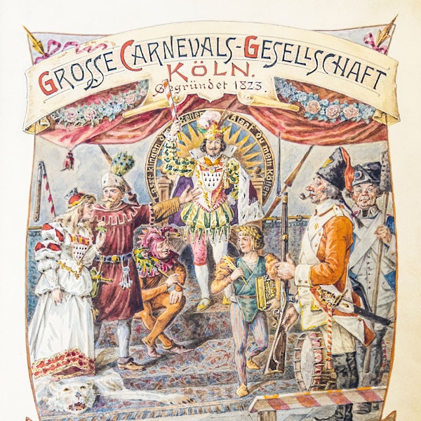 Bunte Zeichnungen des Dreigestirns und dem jecken Volk zieren das Titelblatt des Goldenen Buches von Bauer und Jungfrau des Jahres 1898