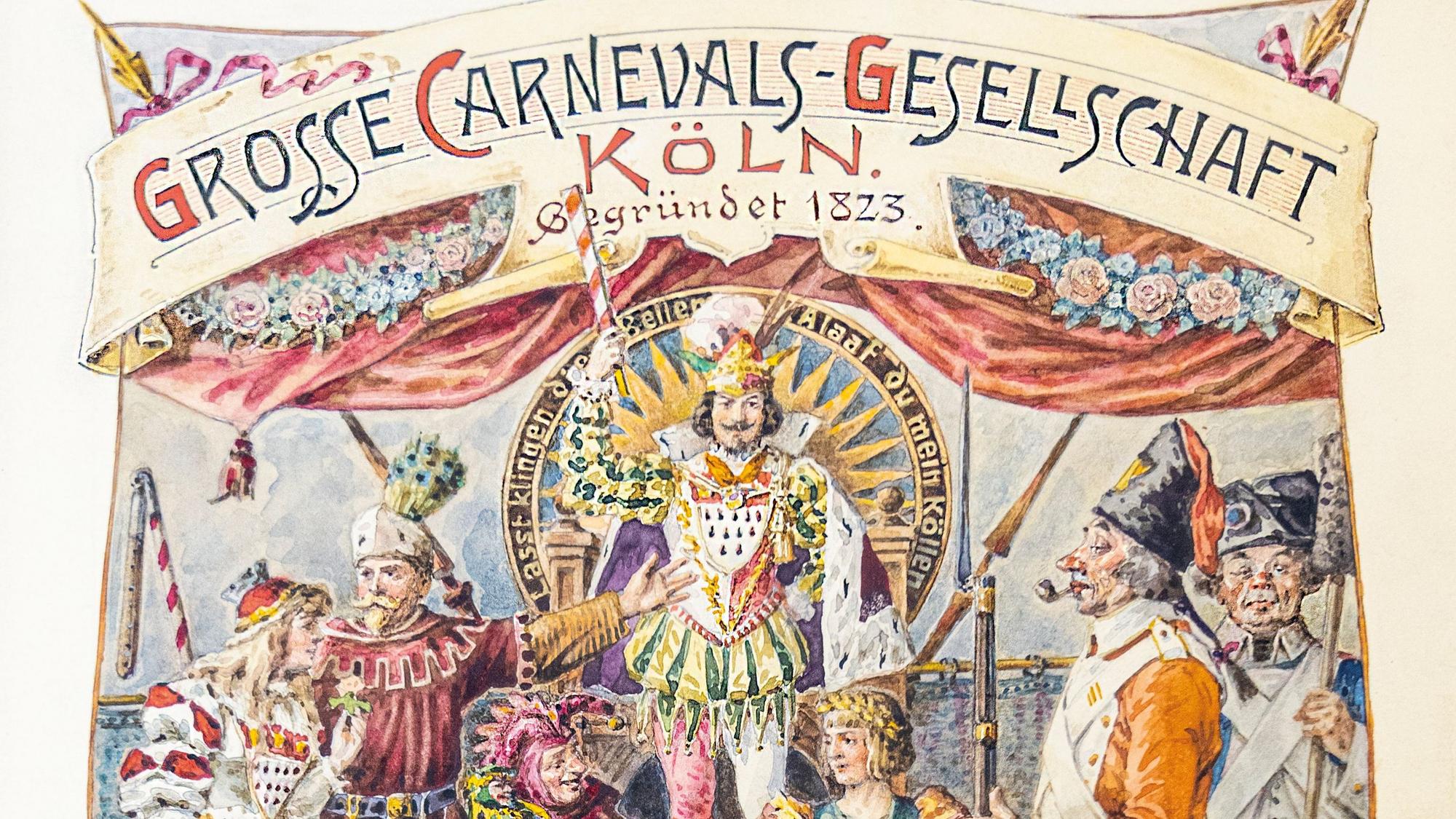 Bunte Zeichnungen des Dreigestirns und dem jecken Volk zieren das Titelblatt des Goldenen Buches von Bauer und Jungfrau des Jahres 1898