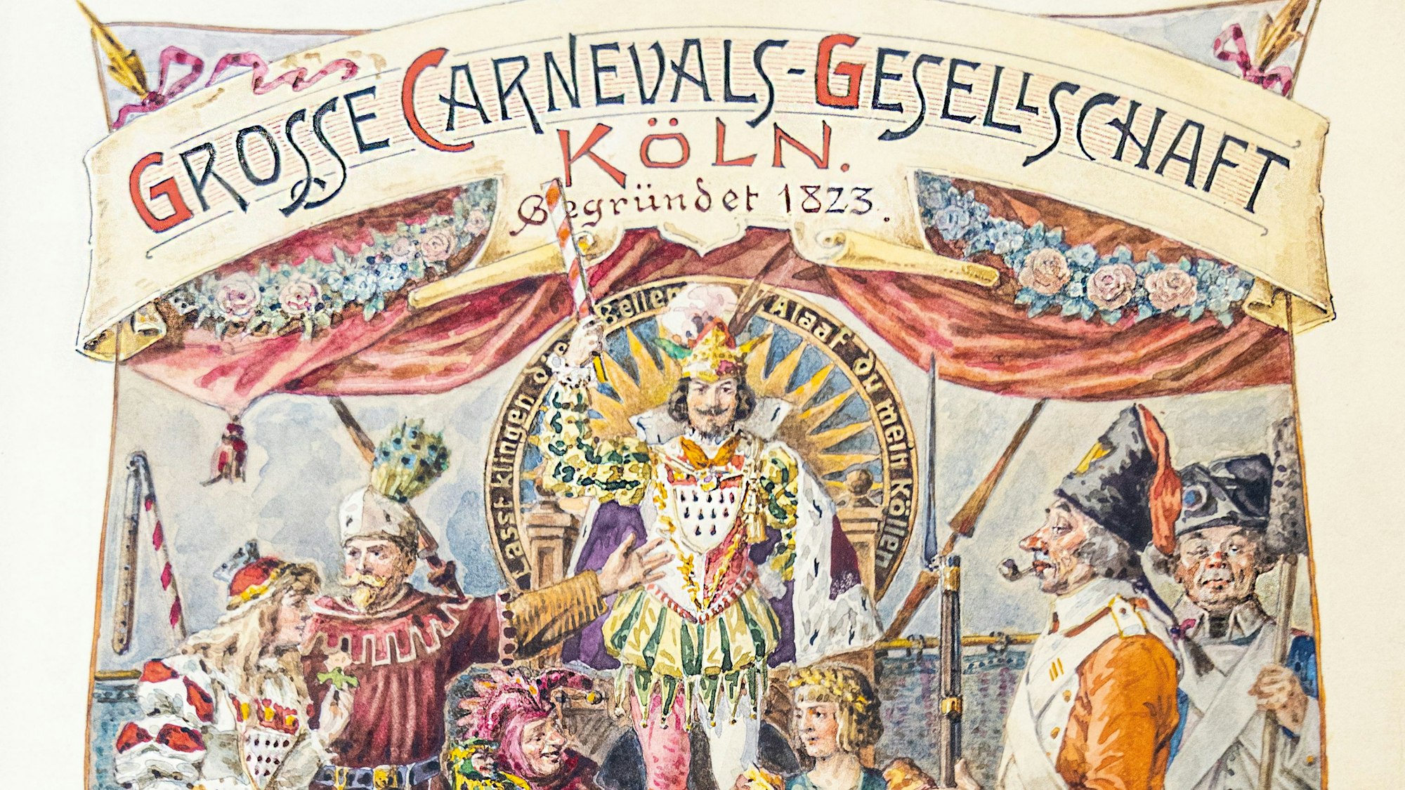 Bunte Zeichnungen des Dreigestirns und dem jecken Volk zieren das Titelblatt des Goldenen Buches von Bauer und Jungfrau des Jahres 1898