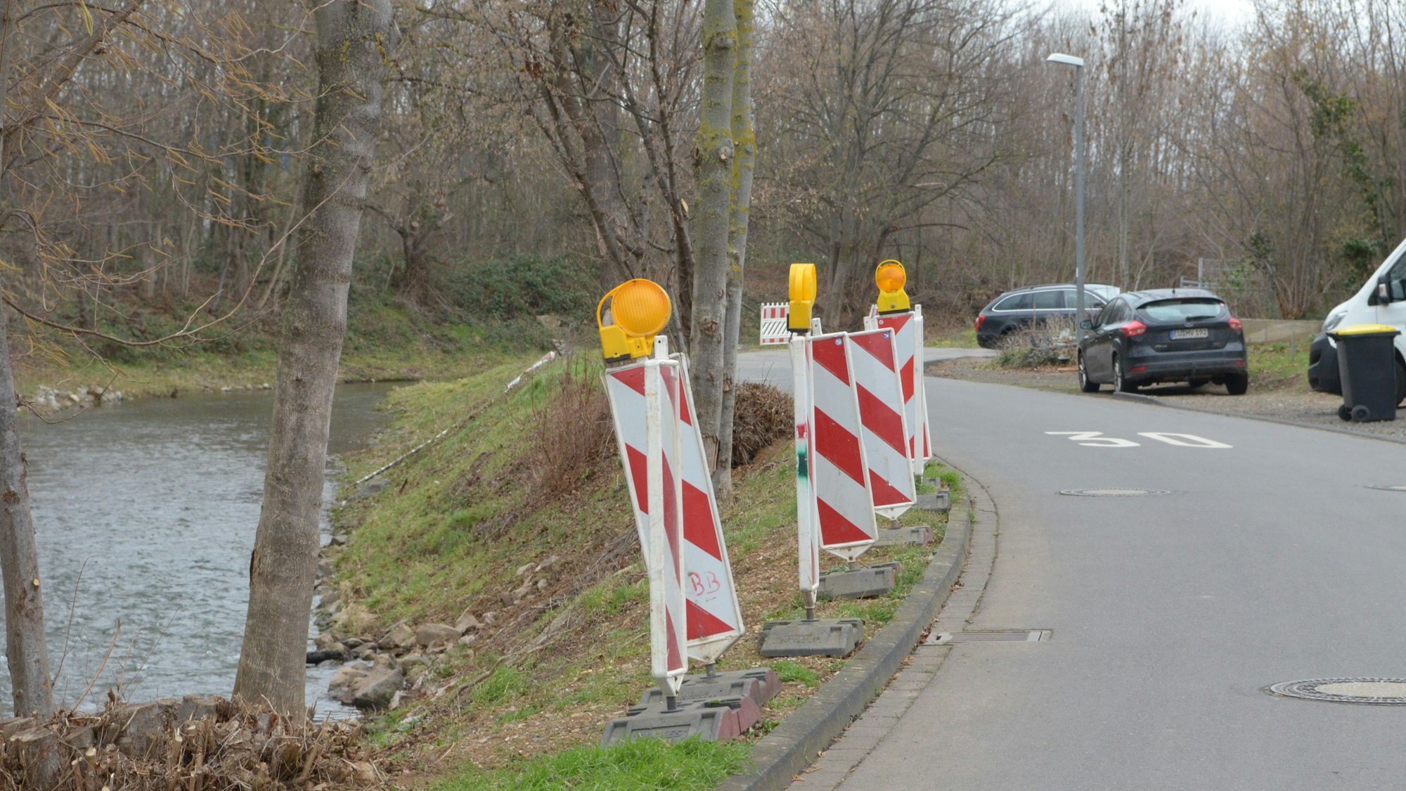 Straßenbegrenzungen stehen am Rand der Fahrbahn an der Lilienstraße in Roitzheim.