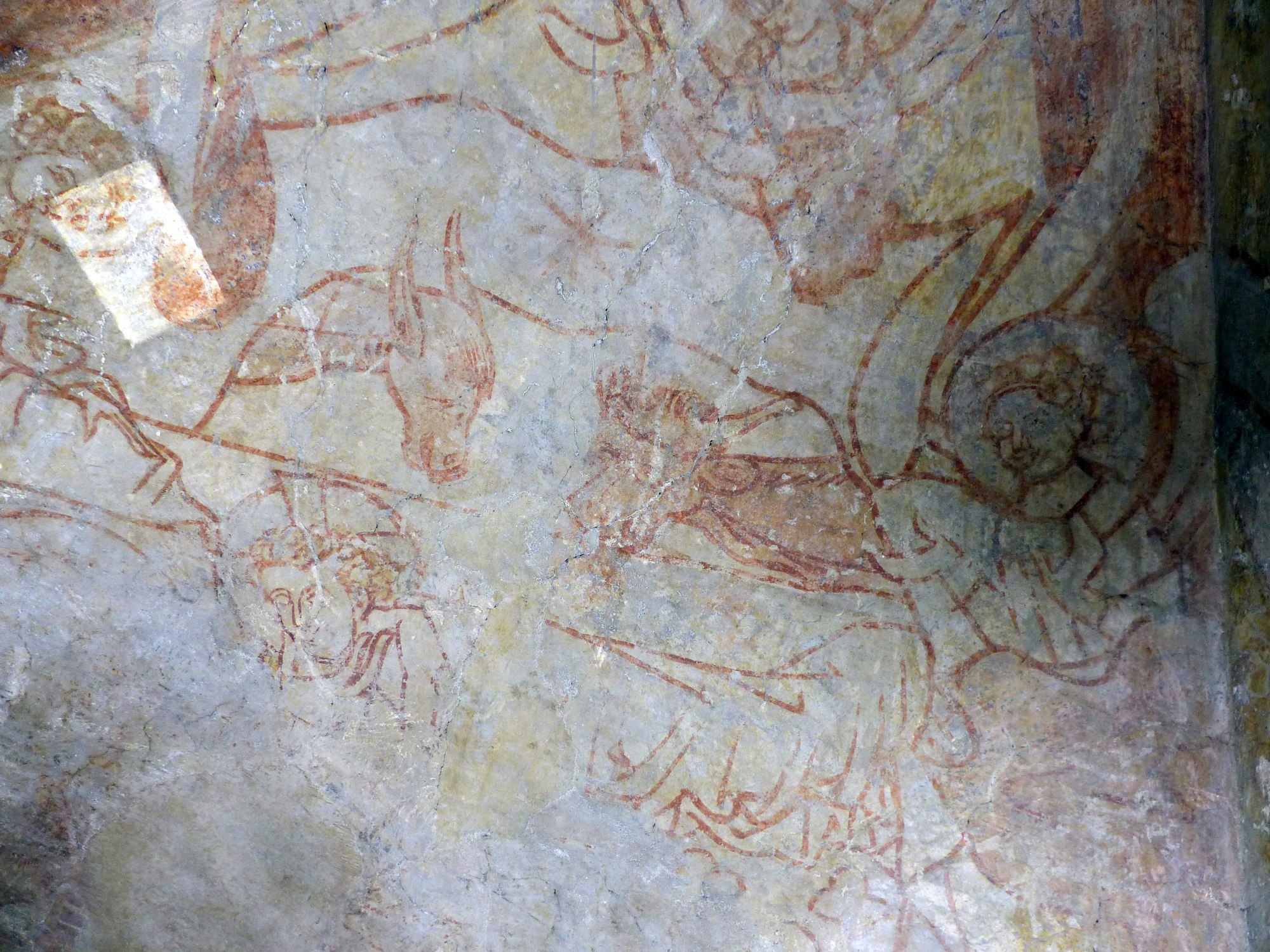 Detail des Freskenzyklus: Die Geburt Jesu im Stall mit Ochs und Esel.