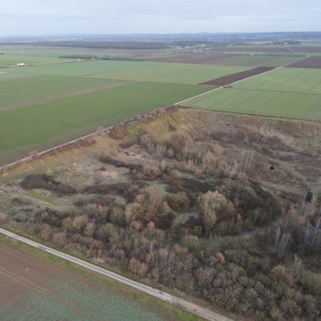 Zwischen Feldern ist eine Kiesgrube mit Bäumen und Sträuchern überlagert.
