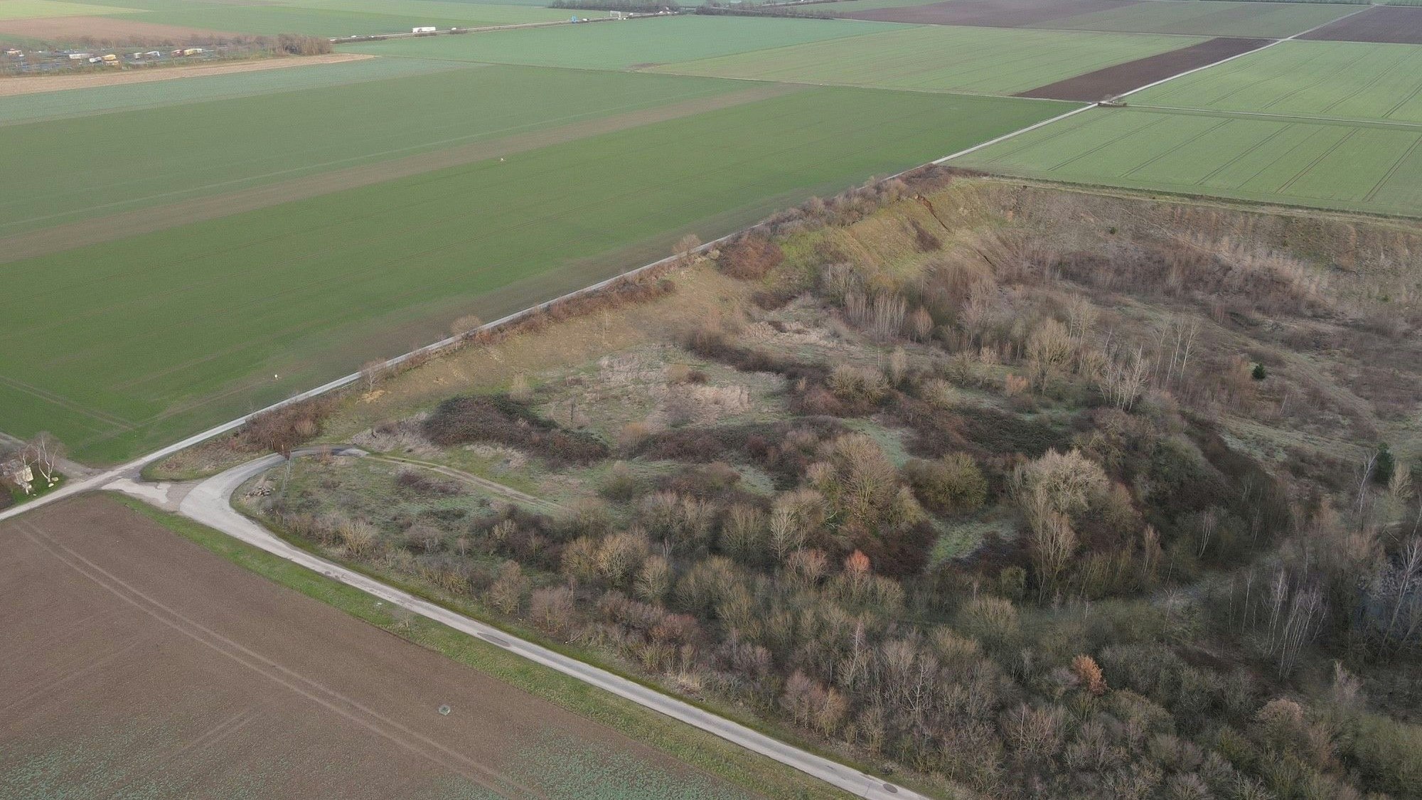 Zwischen Feldern ist eine Kiesgrube mit Bäumen und Sträuchern überlagert.