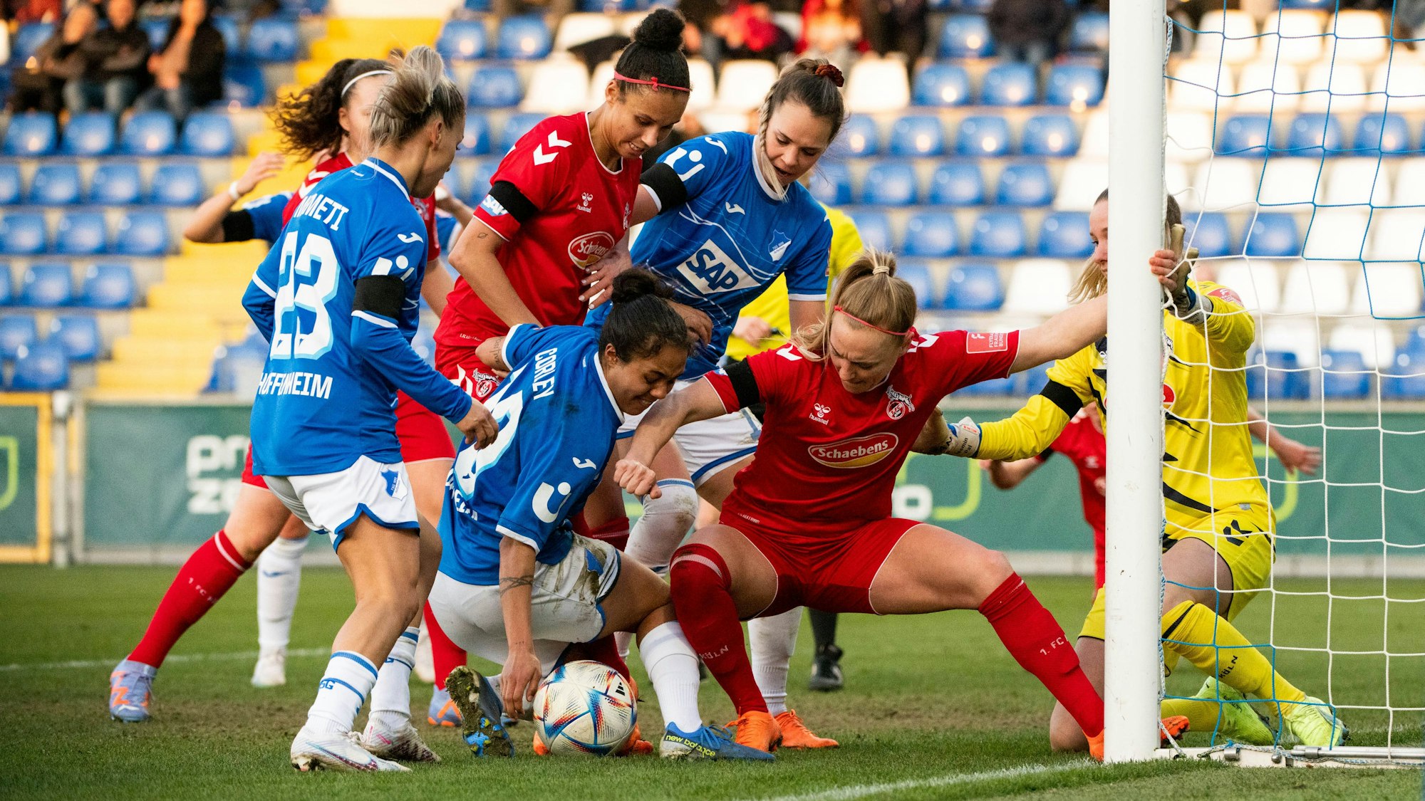 Gia Corley TSG Hoffenheim, 10, Ereleta Memeti TSG Hoffenheim, 23 im Zweikampf mit Sarah Maria Puntigam 1. FC Koeln, 17, Genessee Puntigam 1. FC Koeln, 13, Jasmin Pal 1. FC Koeln, 26, GER, TSG 1899 Hoffenheim vs. 1. FC Koeln, Fussball Flyeralarm Frauen Bundesliga, 12. Spieltag, Spielzeit 2022/2023, 12.02.2023 GER, TSG 1899 Hoffenheim vs. 1. FC Koeln, Fussball Flyeralarm Frauen Bundesliga, 12. Spieltag, Spielzeit 2022/2023, 12.02.2023 Hoffenheim *** Gia Corley TSG Hoffenheim, 10 , Ereleta Memeti TSG Hoffenheim, 23 one-on-one with Sarah Maria Puntigam 1 FC Koeln, 17 , Genessee Puntigam 1 FC Koeln, 13 , Jasmin Pal 1 FC Koeln, 26 , GER, TSG 1899 Hoffenheim vs 1 FC Koeln, Football Flyeralarm Womens Bundesliga, 12 Matchday, Season 2022 2023, 12 02 2023 GER, TSG 1899 Hoffenheim vs 1 FC Koeln, Football Flyeralarm Womens Bundesliga, 12 Matchday, Season 2022 2023, 12 02 2023 Hoffenheim Copyright: xEibner/Memmlerx EP_MMR