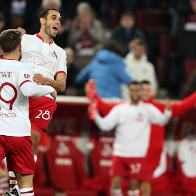 1.FC Köln vs. Eintracht Frankfurt, 20. Spieltag, 12.02.2023, 17.30 Uhr, Ellyes Skhiri (1. FC Köln) jubelt nach dem Tor zum 3:0, Bild: Herbert Bucco