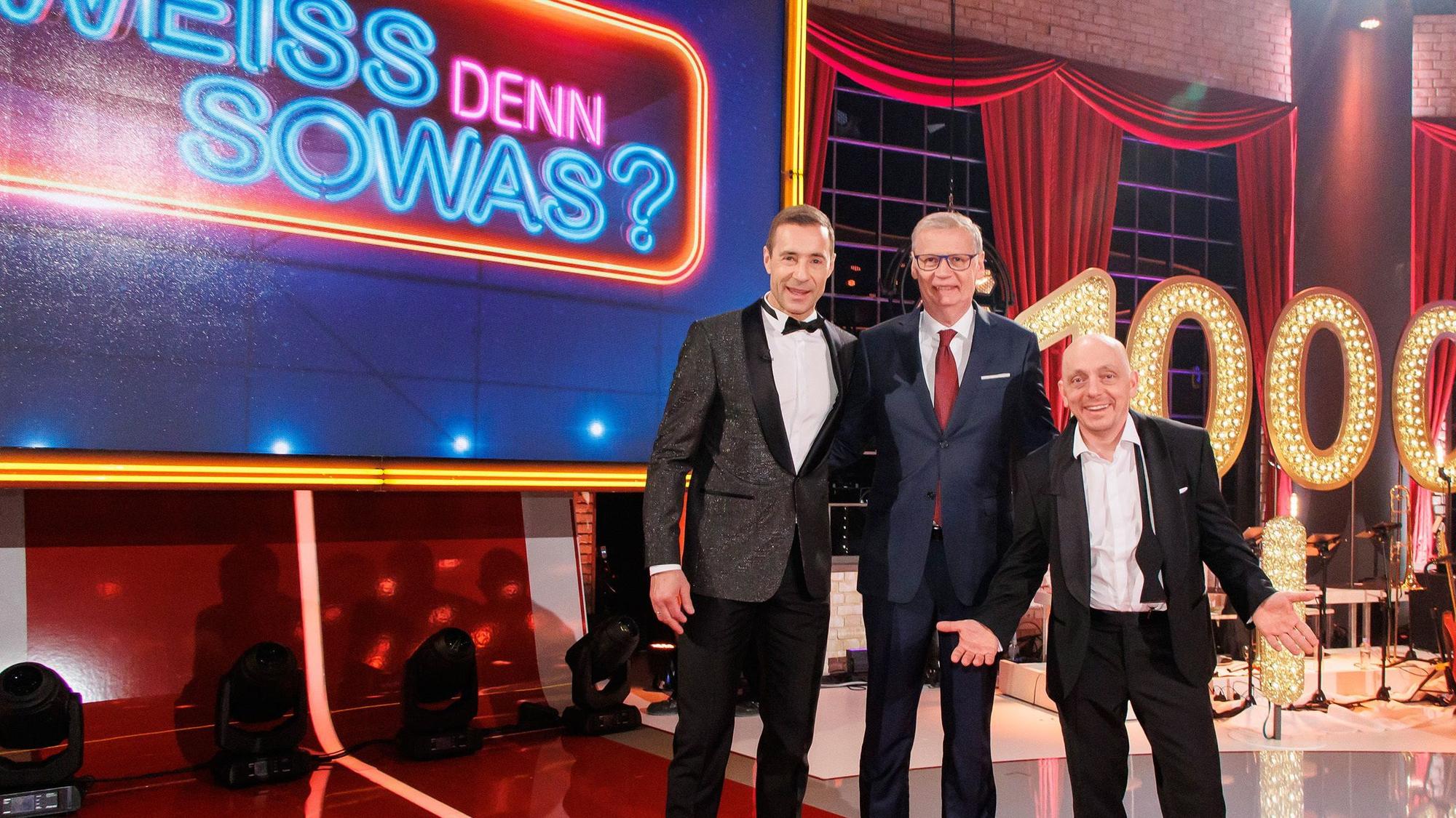 Kai Pflaume, Günther Jauch und Bernhard Hoëcker (v.l.) bei der Jubiläumsausgabe von „Wer weiß denn sowas?“
