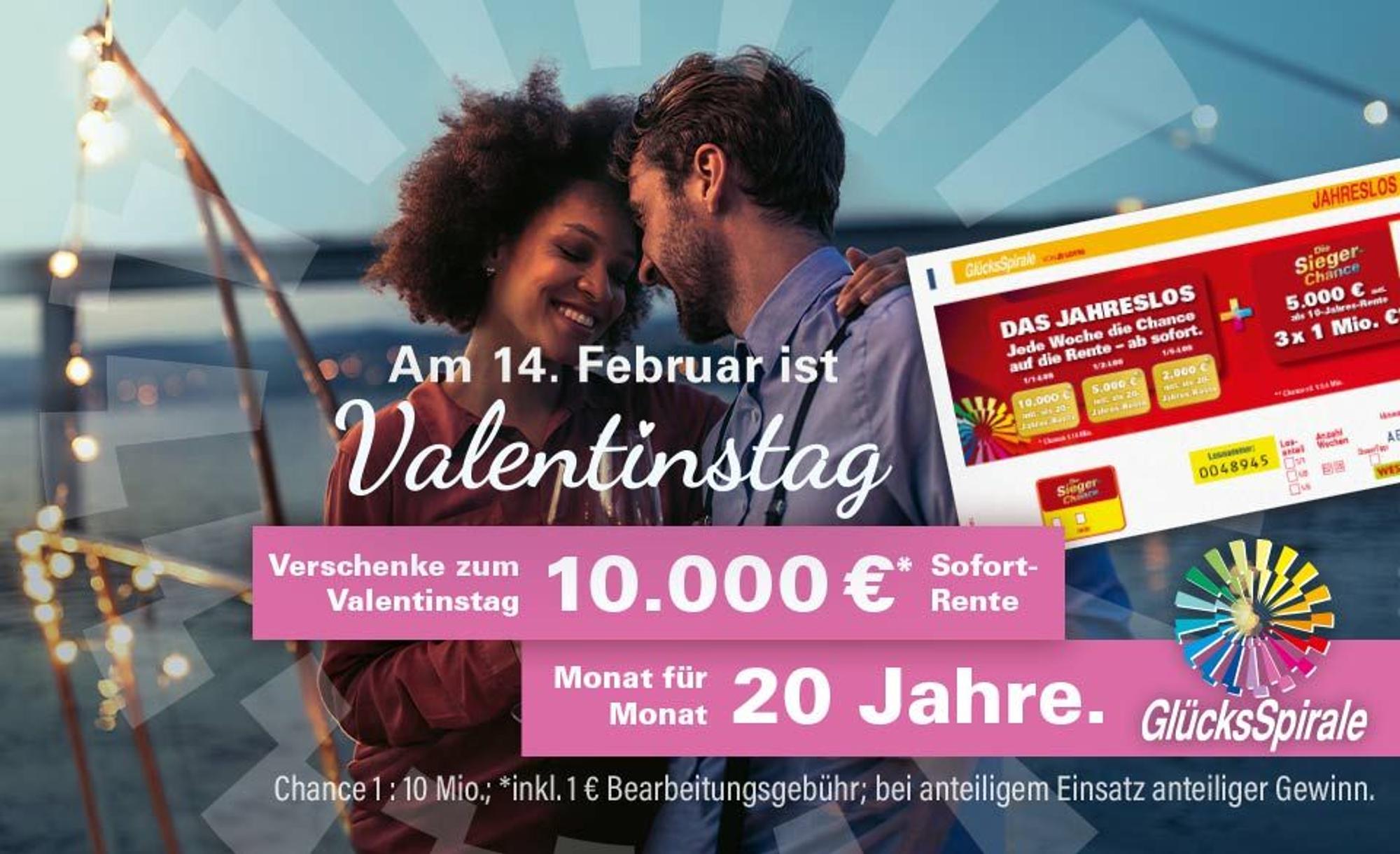 Bild mit einem verliebten Pärchen und Glücksspirale-Los zum Valentinstag.