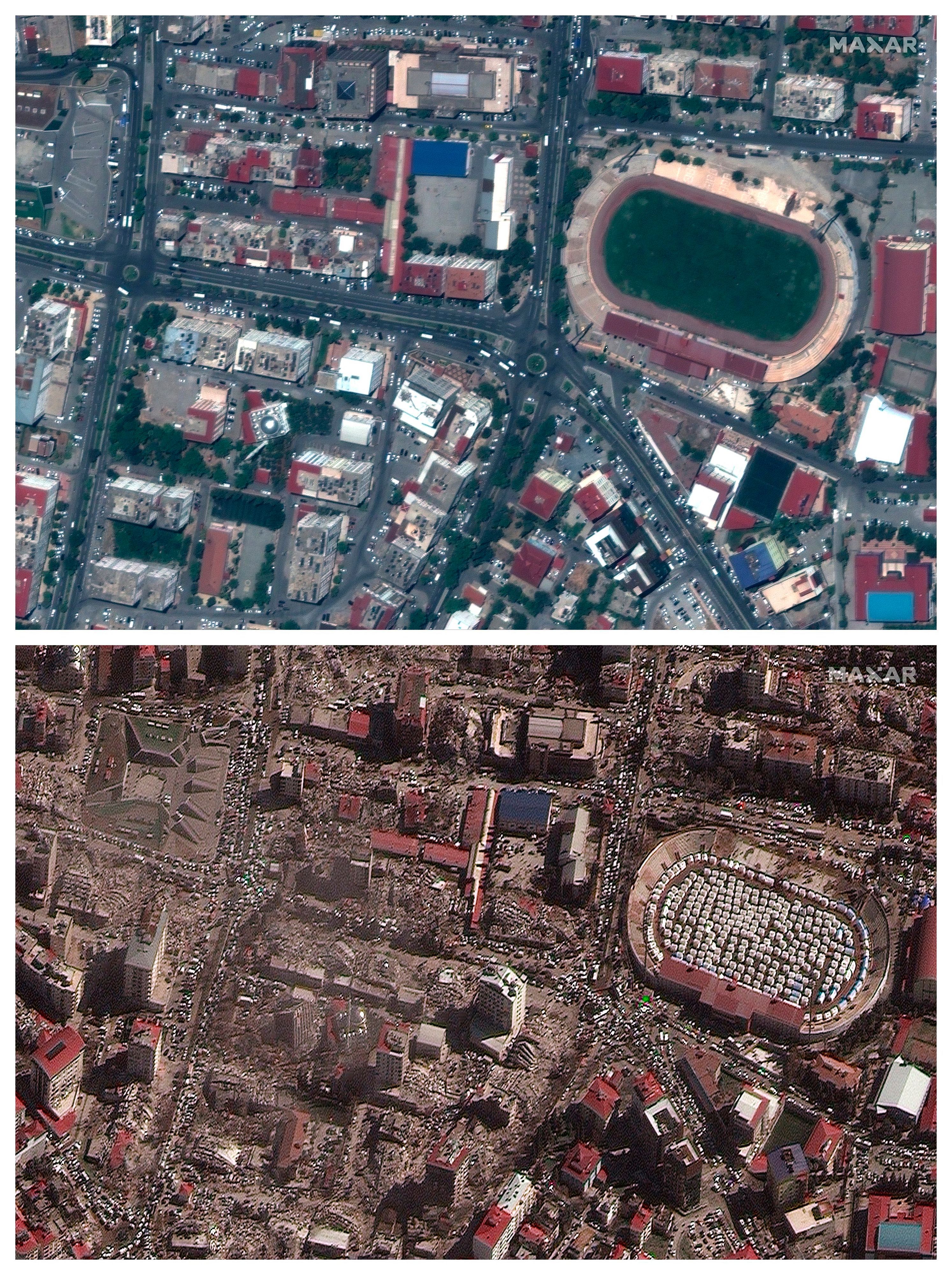 Ein Gebäude und ein Stadion in Kahramanmaras vor und nach dem starken Erdbeben, das die Region am 06.02.2023, erschütterte.