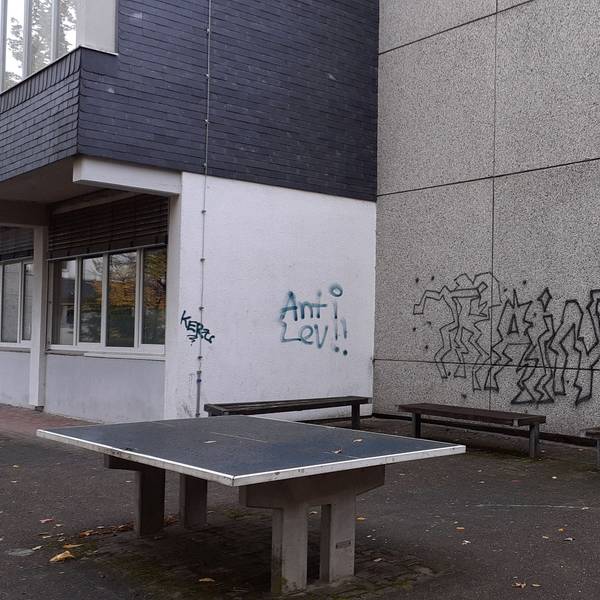 Ein Schulgebäude mit Farbschmierereien an der Fassade.