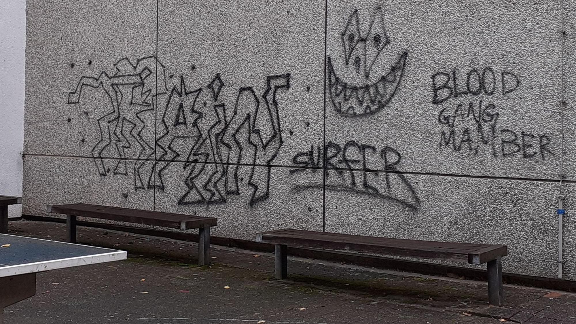 Ein Schulgebäude mit Farbschmierereien an der Fassade.