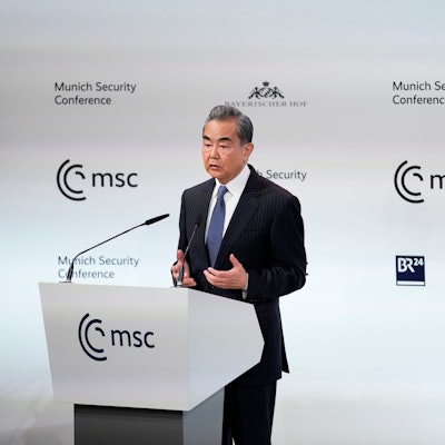 China's Director of the Office of the Central Foreign Affairs Commission Wang Yi speaks at the Munich Security Conference in Munich, Saturday, Feb. 18, 2023. The 59th Munich Security Conference (MSC) is taking place from Feb. 17 to Feb. 19, 2023 at the Bayerischer Hof Hotel in Munich. (AP Photo/Petr David Josek)
