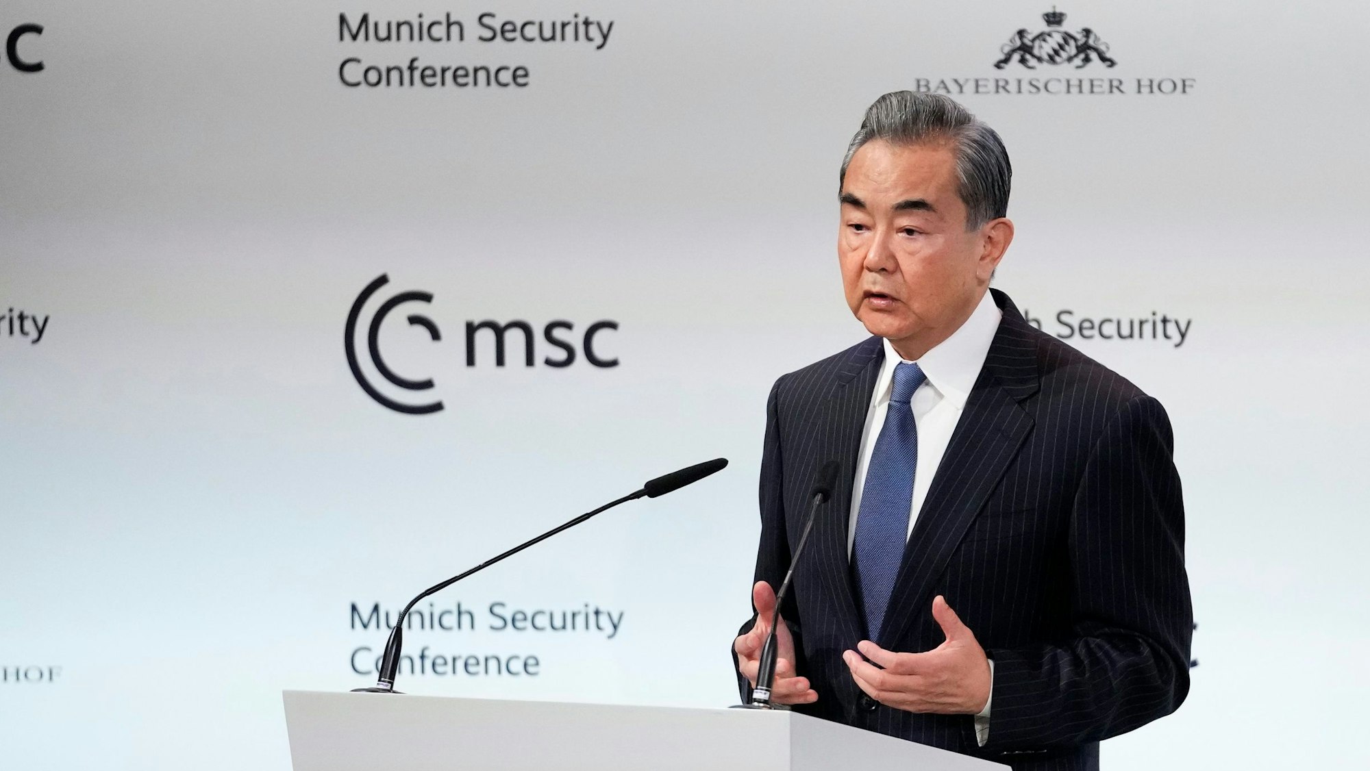 China's Director of the Office of the Central Foreign Affairs Commission Wang Yi speaks at the Munich Security Conference in Munich, Saturday, Feb. 18, 2023. The 59th Munich Security Conference (MSC) is taking place from Feb. 17 to Feb. 19, 2023 at the Bayerischer Hof Hotel in Munich. (AP Photo/Petr David Josek)