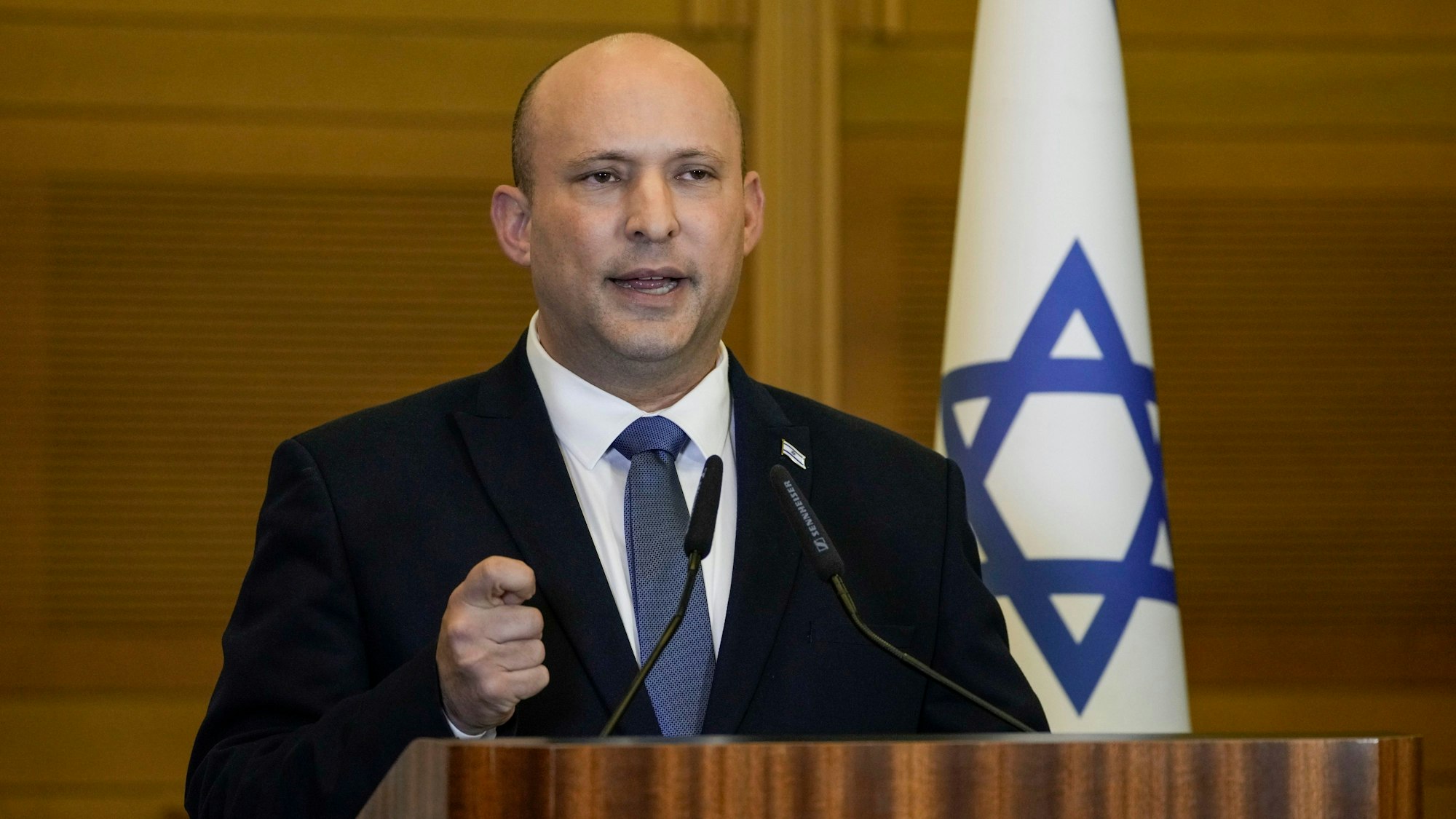 FILE - Israeli Prime Minister Naftali Bennett delivers a statement at the Knesset, Israel's parliament, in Jerusalem on June 29, 2022. Bennett, a former Israeli prime minister who served briefly as a mediator at the start of Russia's war with Ukraine, said during an interview posted online Saturday, Feb. 4, 2023, he drew a promise from the Russian president not to kill his Ukrainian counterpart. (AP Photo/Tsafrir Abayov, File)