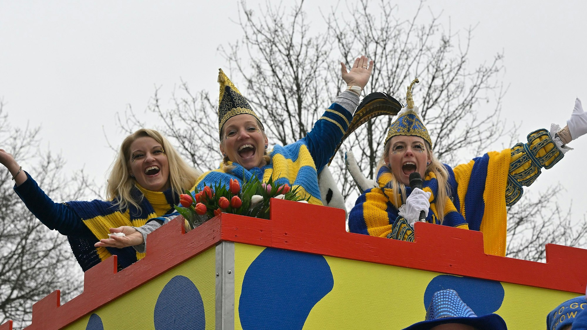 Das weibliche Dreigestirn macht Stimmung auf einem Wagen.