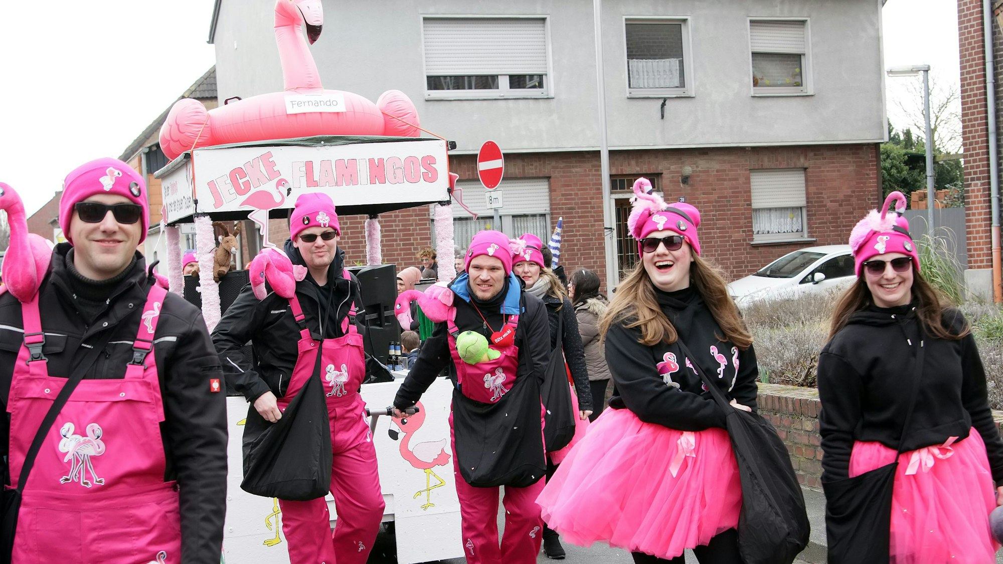 Eine Truppe Flamingos läuft fröhlich im Zug mit.