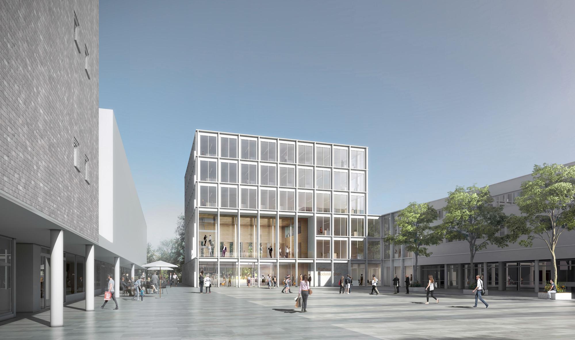 Eine Visualisierung zeigt ein modernes mehrgeschossiges Gebäude Würfelform mit großen Fenstern, davor ist ein großer freier Platz.