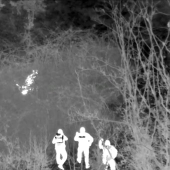 Mehrere Polizisten stehen um ein Gebüsch, in dem ein Mensch liegt. Ein Polizist geht mit gezogener Waffe auf den am Boden Liegenden zu.