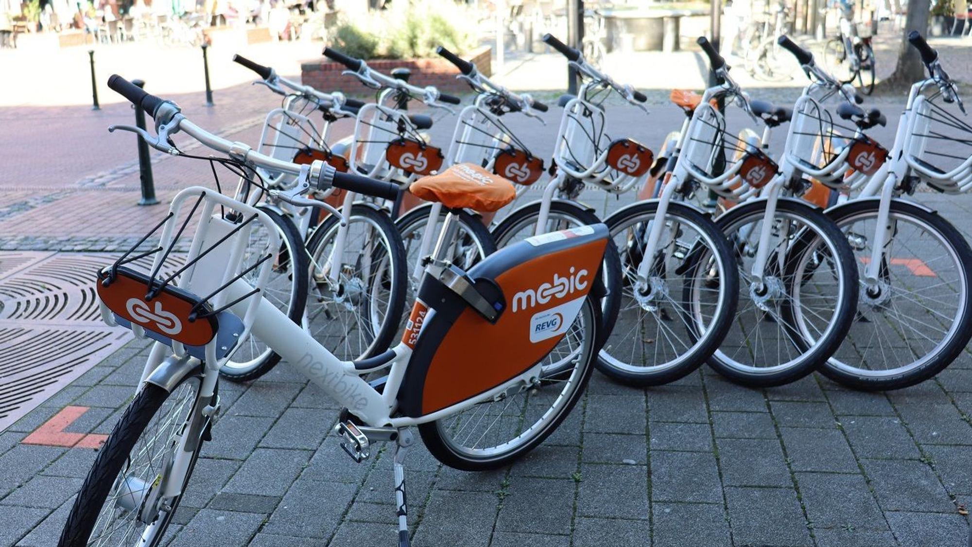 Man sieht E-Bikes, die in einer Reihe abgestellt sind.