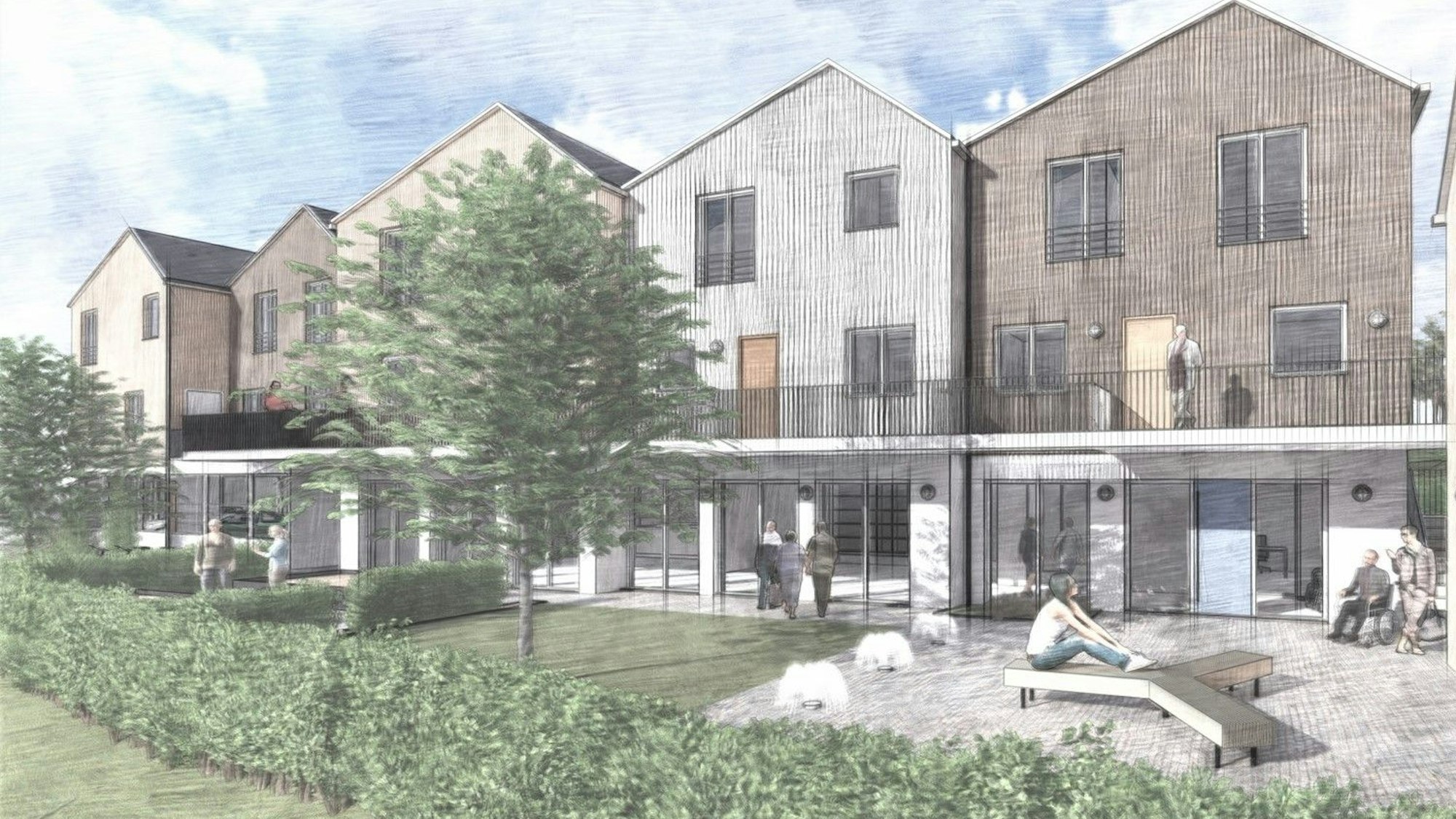 Auf einer gezeichneten Grafik ist ein Neubaugebiet, bestehend aus mehreren Häusern, zu sehen. Davor sind grüne Wiesengrundstücke.