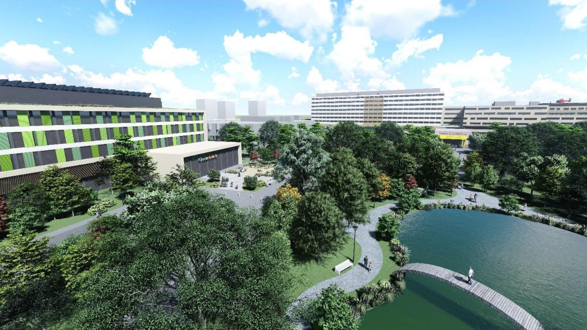 Die Visualisierung zeigt den geplanten Gesundheitscampus in Merheim. Links der vorgesehene Neubau der Kinderklinik.