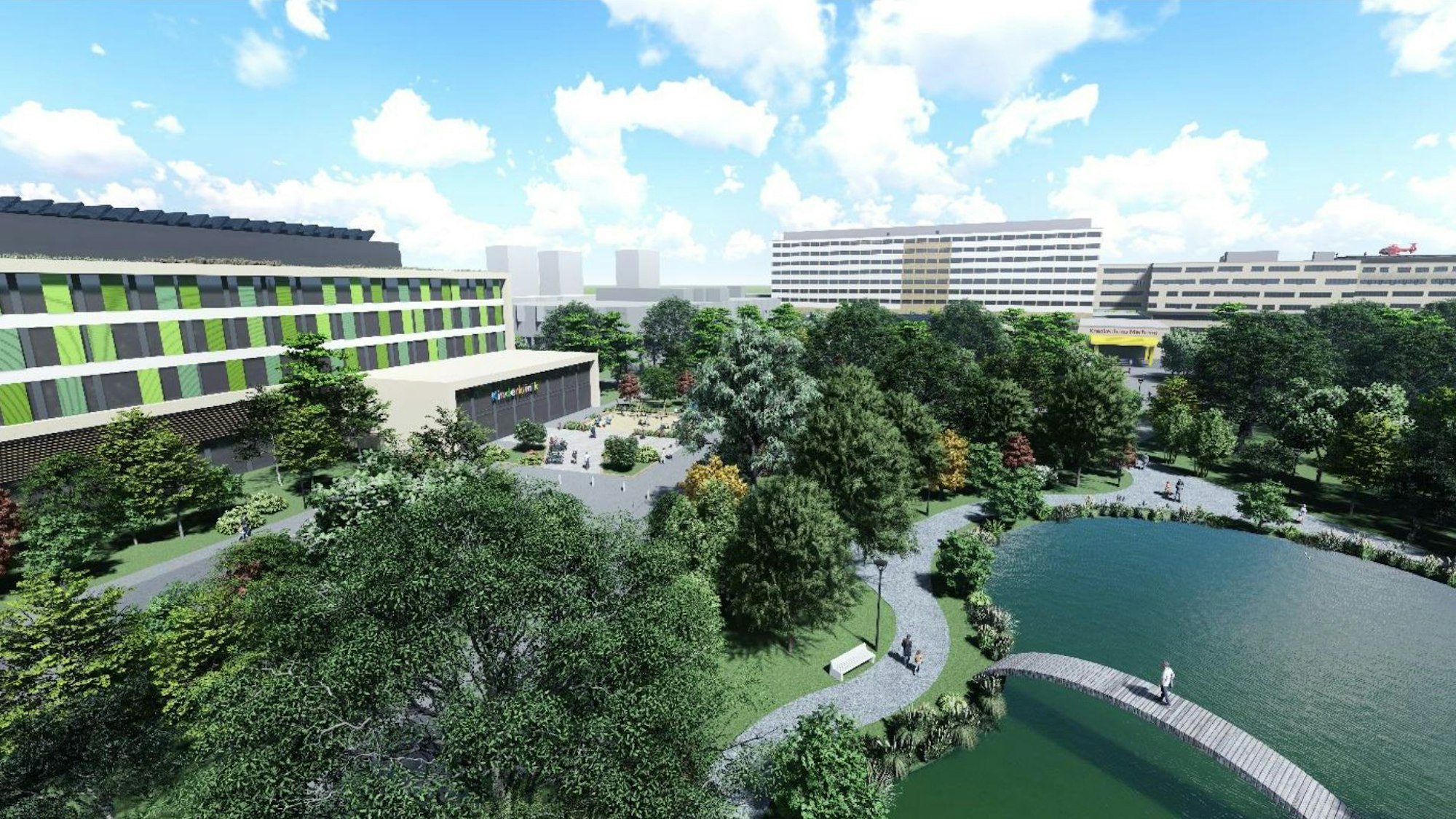Die Visualisierung zeigt den geplanten Gesundheitscampus in Merheim. Links der vorgesehene Neubau der Kinderklinik.