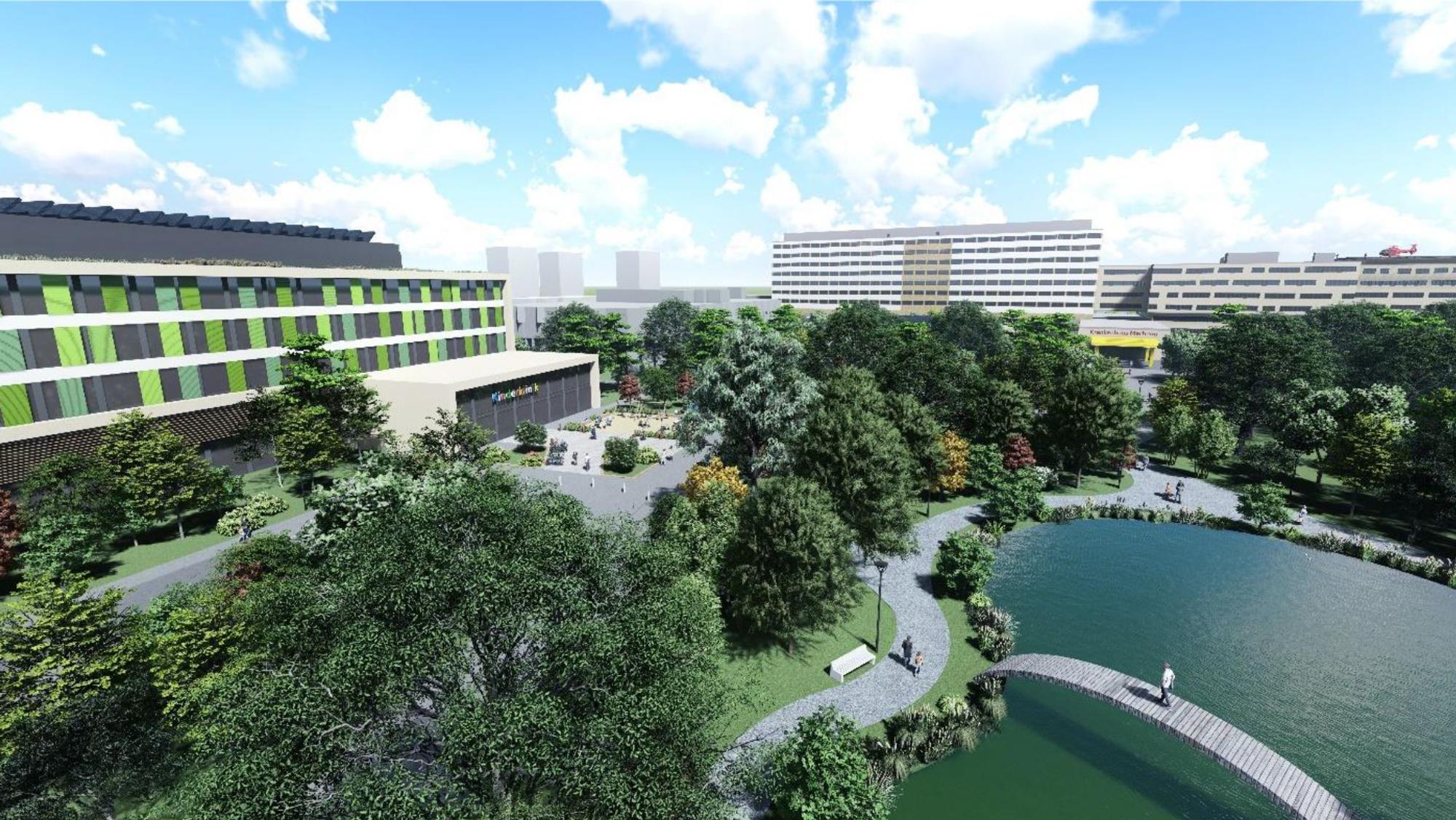 Visualisierung des geplanten Gesundheitscampus Merheim mit neuer Kinderklinik.