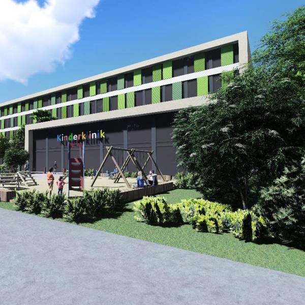 Visualisierung des geplanten Neubaus der Kinderklinik auf dem Gesundheitscampus Merheim.