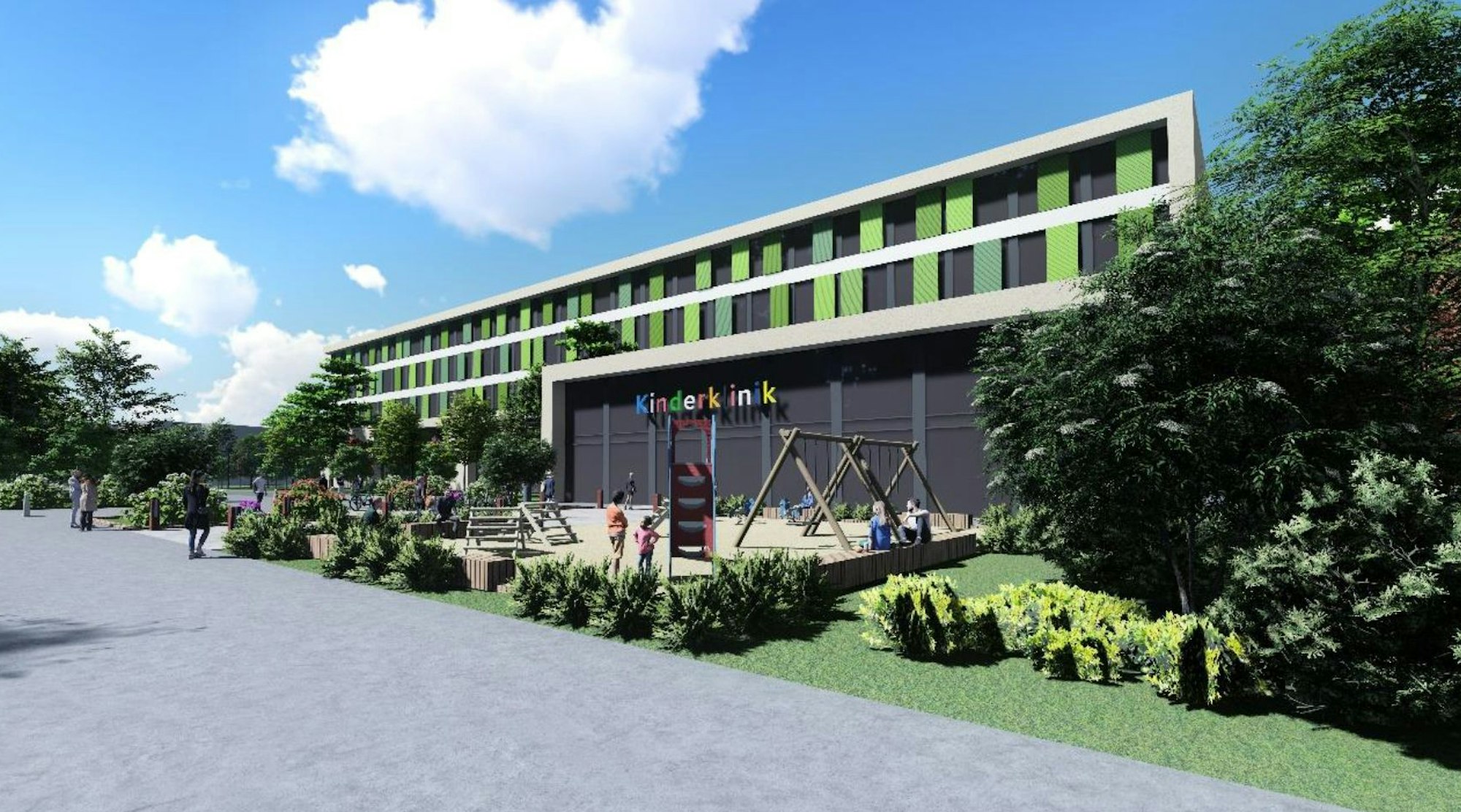 Visualisierung des geplanten Neubaus der Kinderklinik auf dem Gesundheitscampus Merheim.