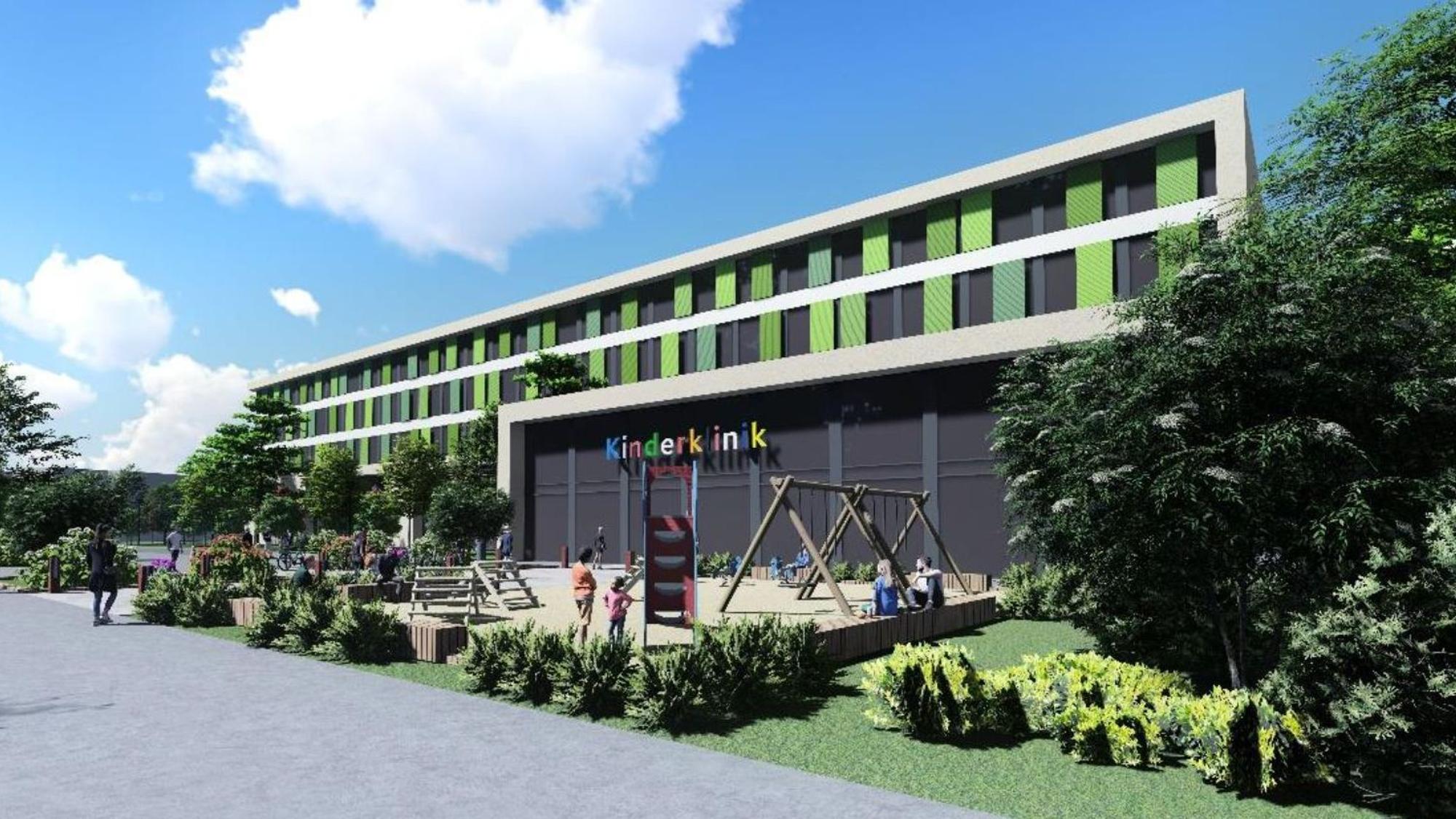 Visualisierung des geplanten Neubaus der Kinderklinik auf dem Gesundheitscampus Merheim.