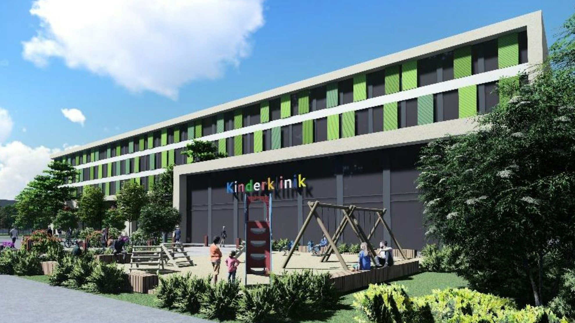 Visualisierung des geplanten Neubaus der Kinderklinik auf dem geplanten Gesundheitscampus Merheim.