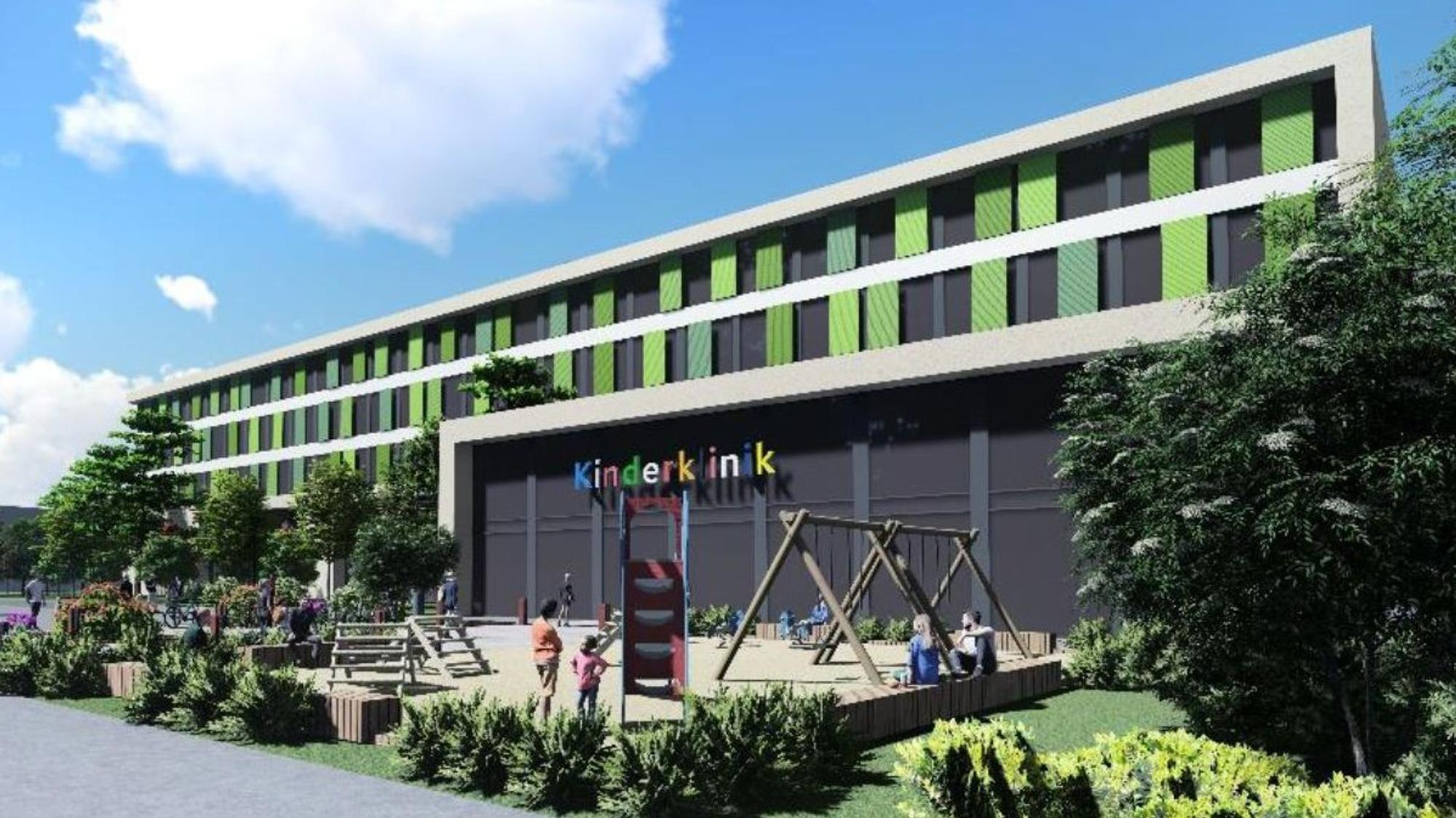 Visualisierung des geplanten Neubaus der Kinderklinik auf dem geplanten Gesundheitscampus Merheim.
