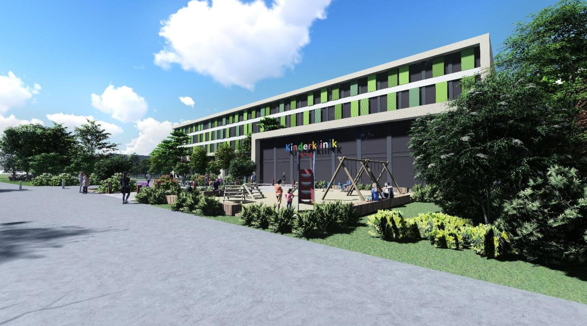 Visualisierung des geplanten Neubaus der Kinderklinik auf dem Gesundheitscampus Merheim.