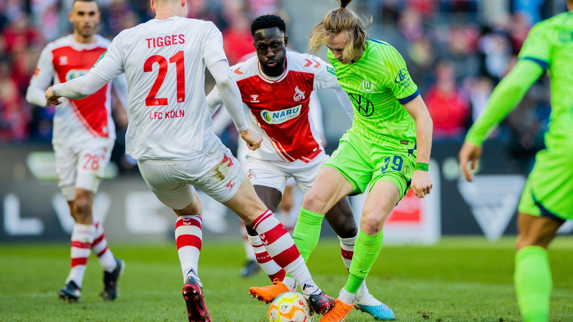 25.02.2023, Nordrhein-Westfalen, Köln: Fußball: Bundesliga, 1. FC Köln - VfL Wolfsburg, 22. Spieltag, RheinEnergieStadion. Kölns Kinglsey Schindler (M) und Wolfsburgs Patrick Wimmer versuchen an den Ball zu kommen. Foto: Rolf Vennenbernd/dpa - WICHTIGER HINWEIS: Gemäß den Vorgaben der DFL Deutsche Fußball Liga bzw. des DFB Deutscher Fußball-Bund ist es untersagt, in dem Stadion und/oder vom Spiel angefertigte Fotoaufnahmen in Form von Sequenzbildern und/oder videoähnlichen Fotostrecken zu verwerten bzw. verwerten zu lassen. +++ dpa-Bildfunk +++